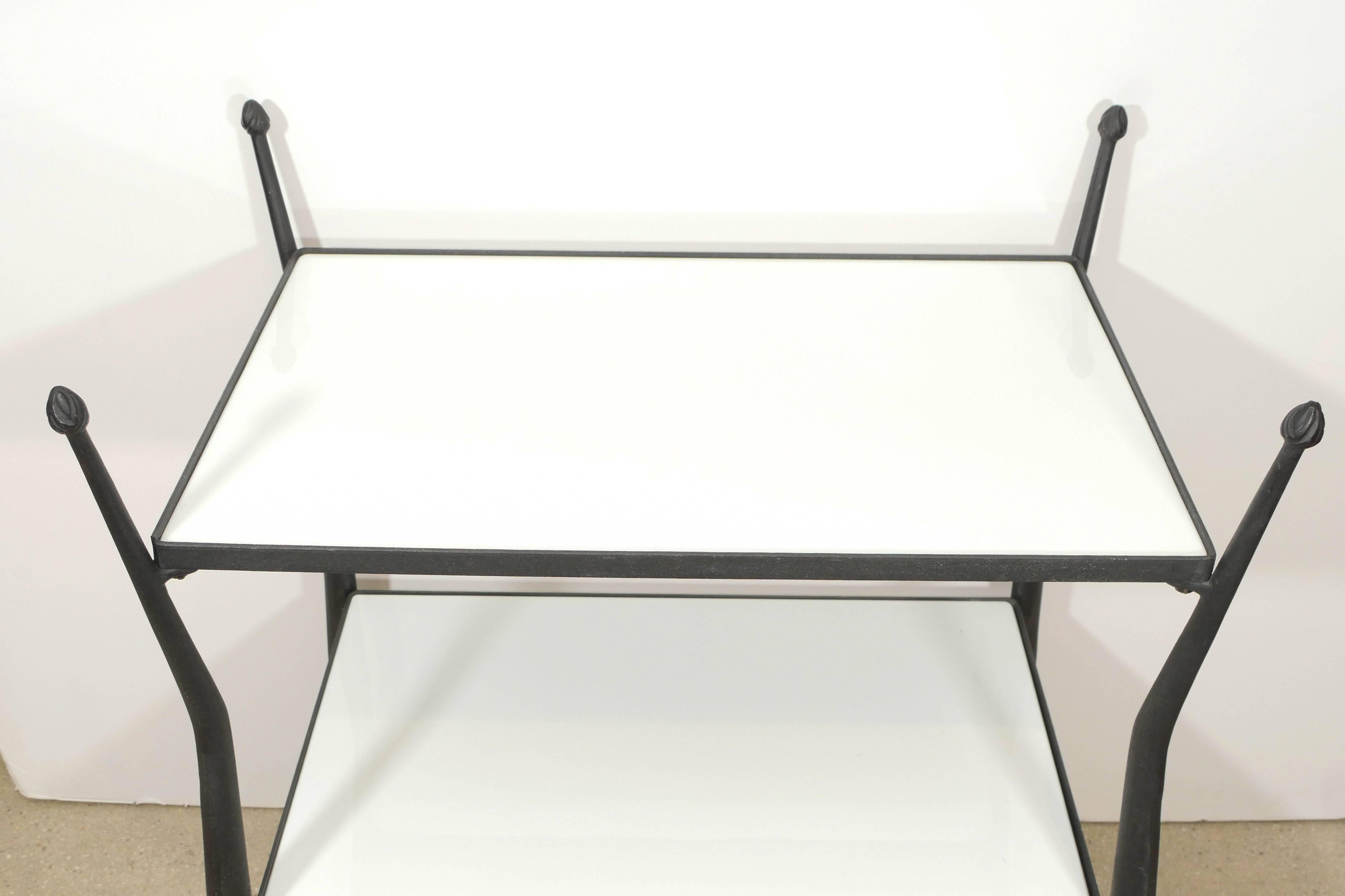 Wrought Aluminum Bar Cart with White Vitrolite Shelves In Good Condition For Sale In New York, NY