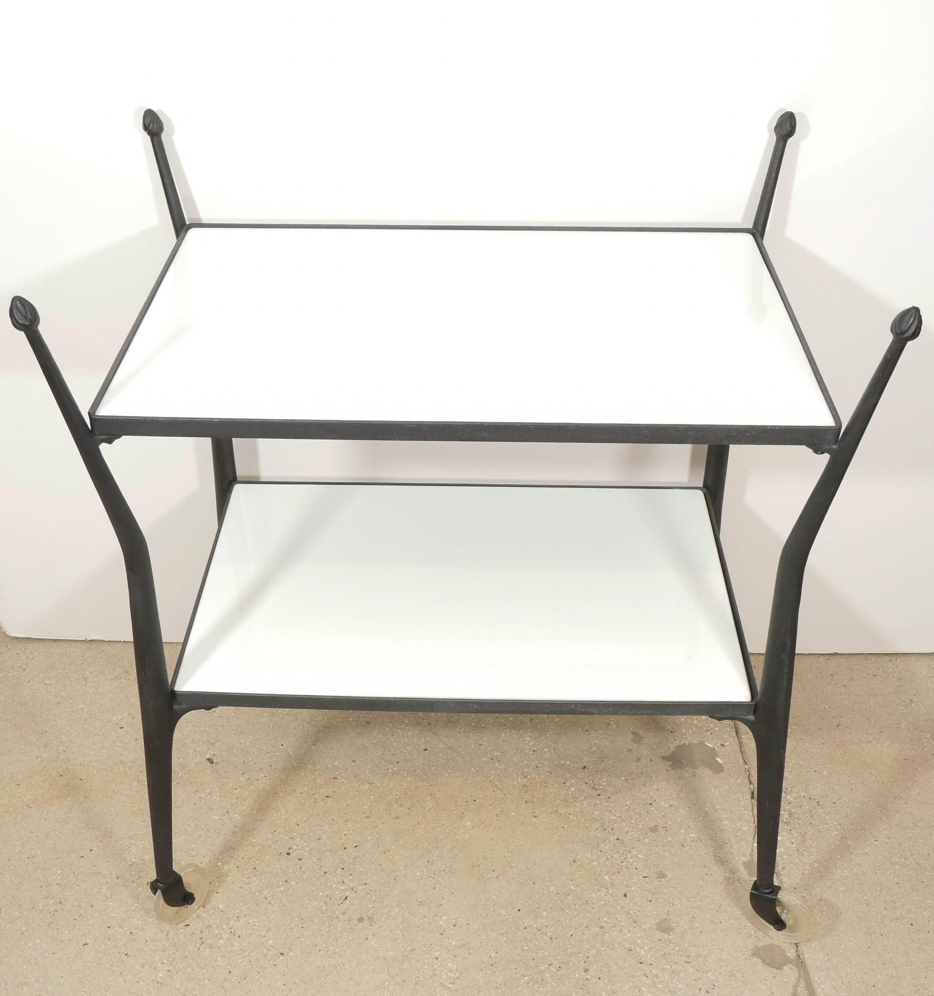 Italian Wrought Aluminum Bar Cart with White Vitrolite Shelves For Sale