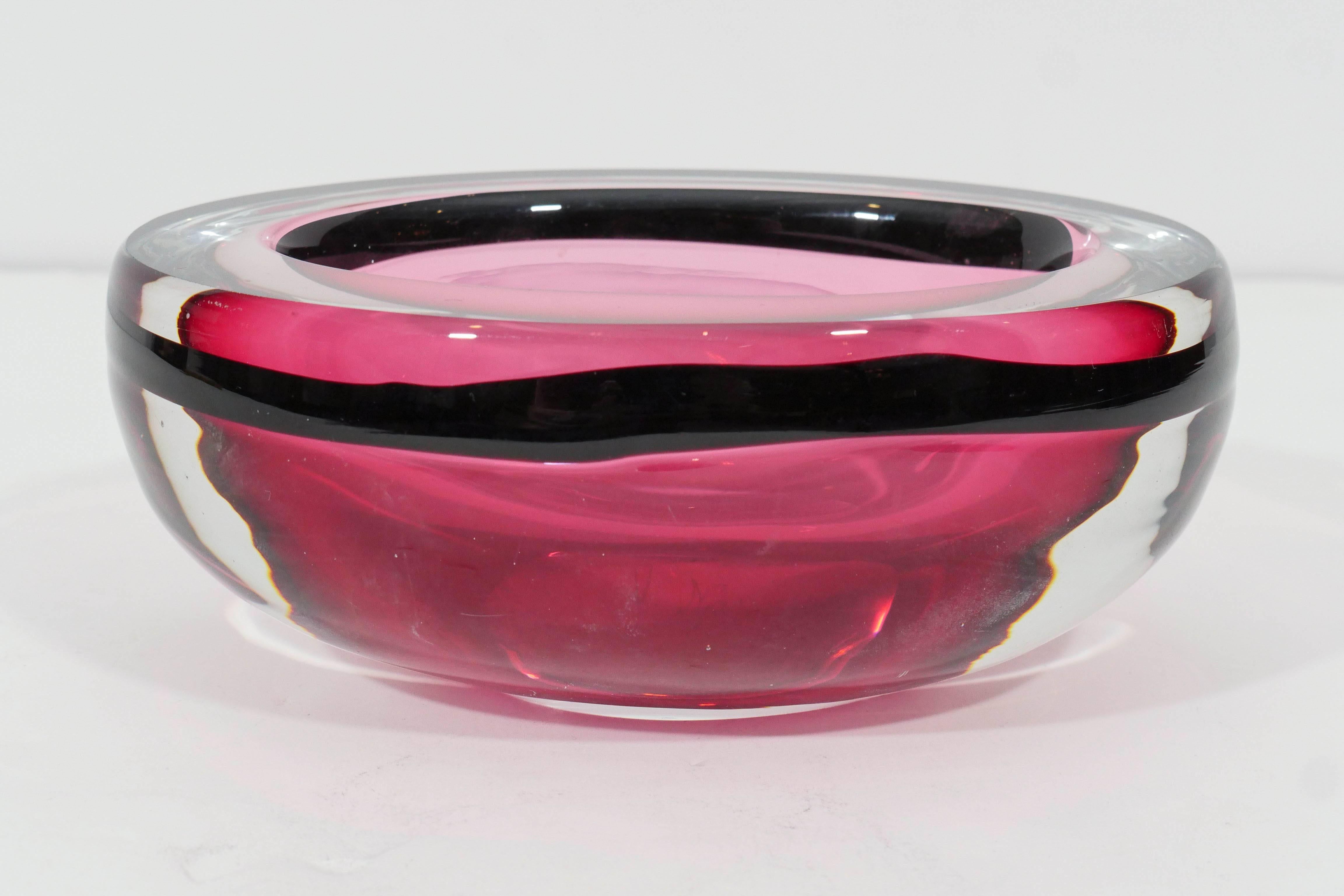 Clear Murano glass over rose in this heavy oval bowl. By Nason, Murano, signed on underside.