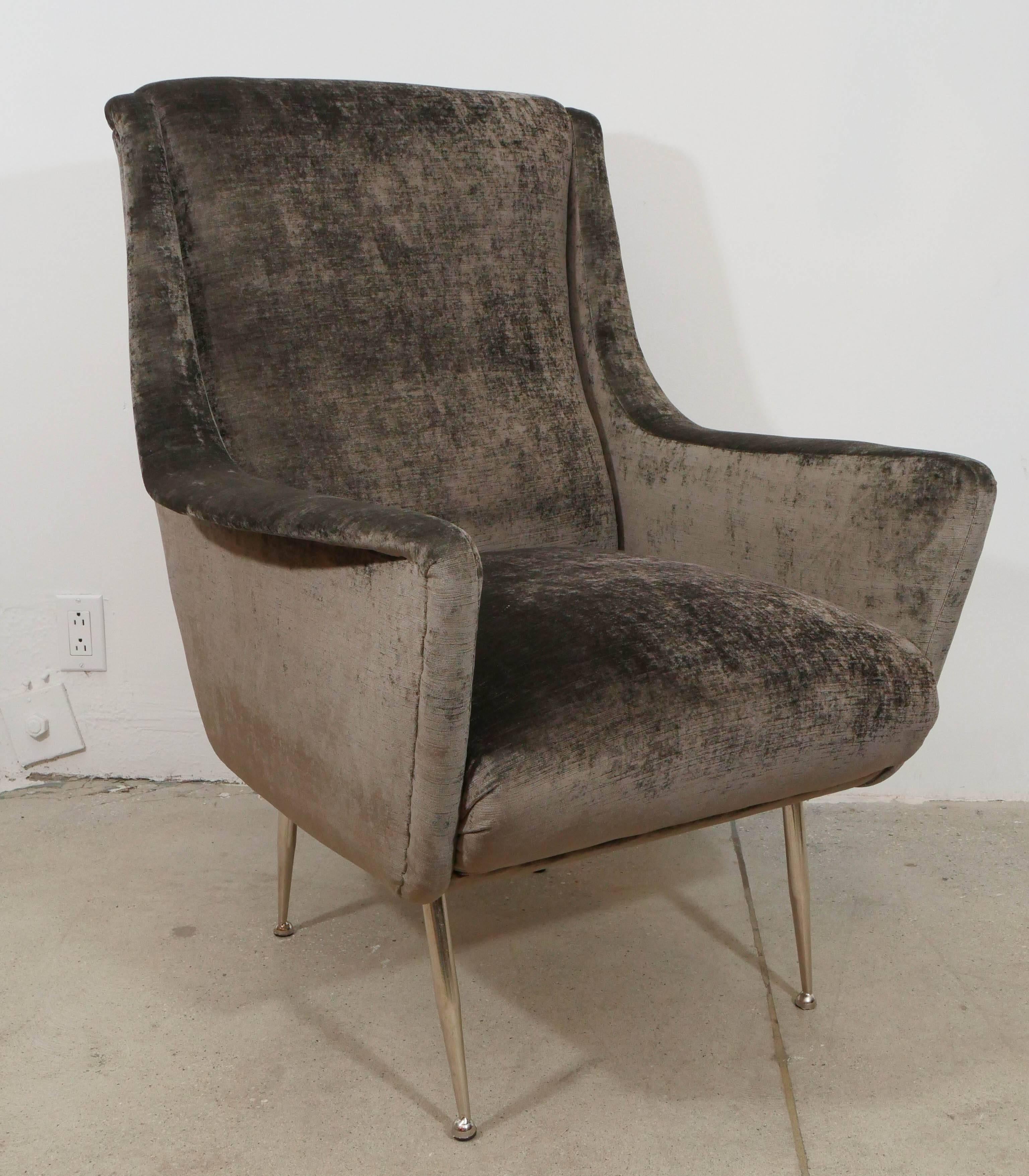 Elegant pair of chairs reupholstered with a muted brown velours.
The silver metal of the legs have been re-polished.
The chairs have elegant lines from the side and the back and are extremely comfortable.
     