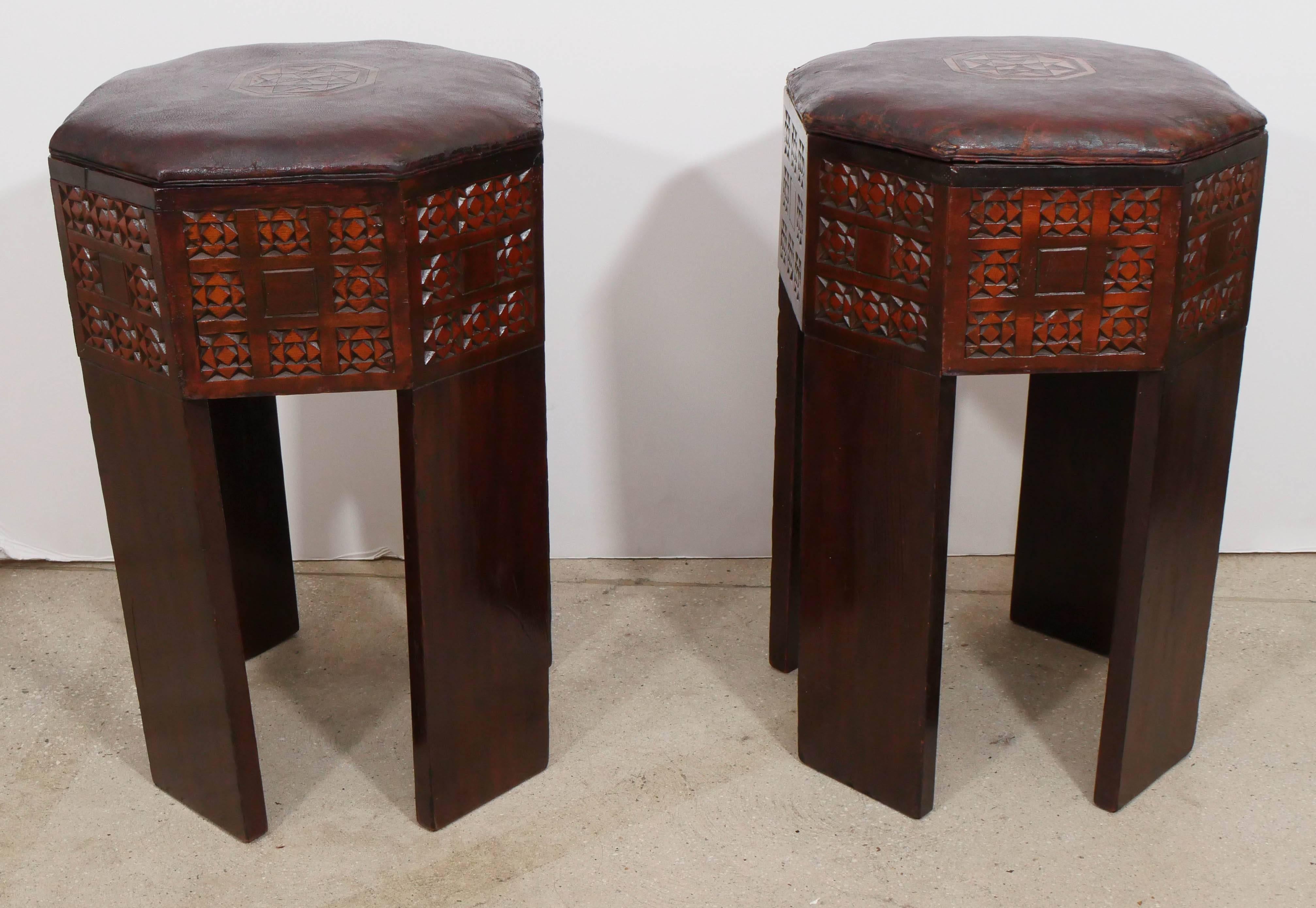Rare octagonal stools with a leather seat.
These two stools come from Marrakech Home.