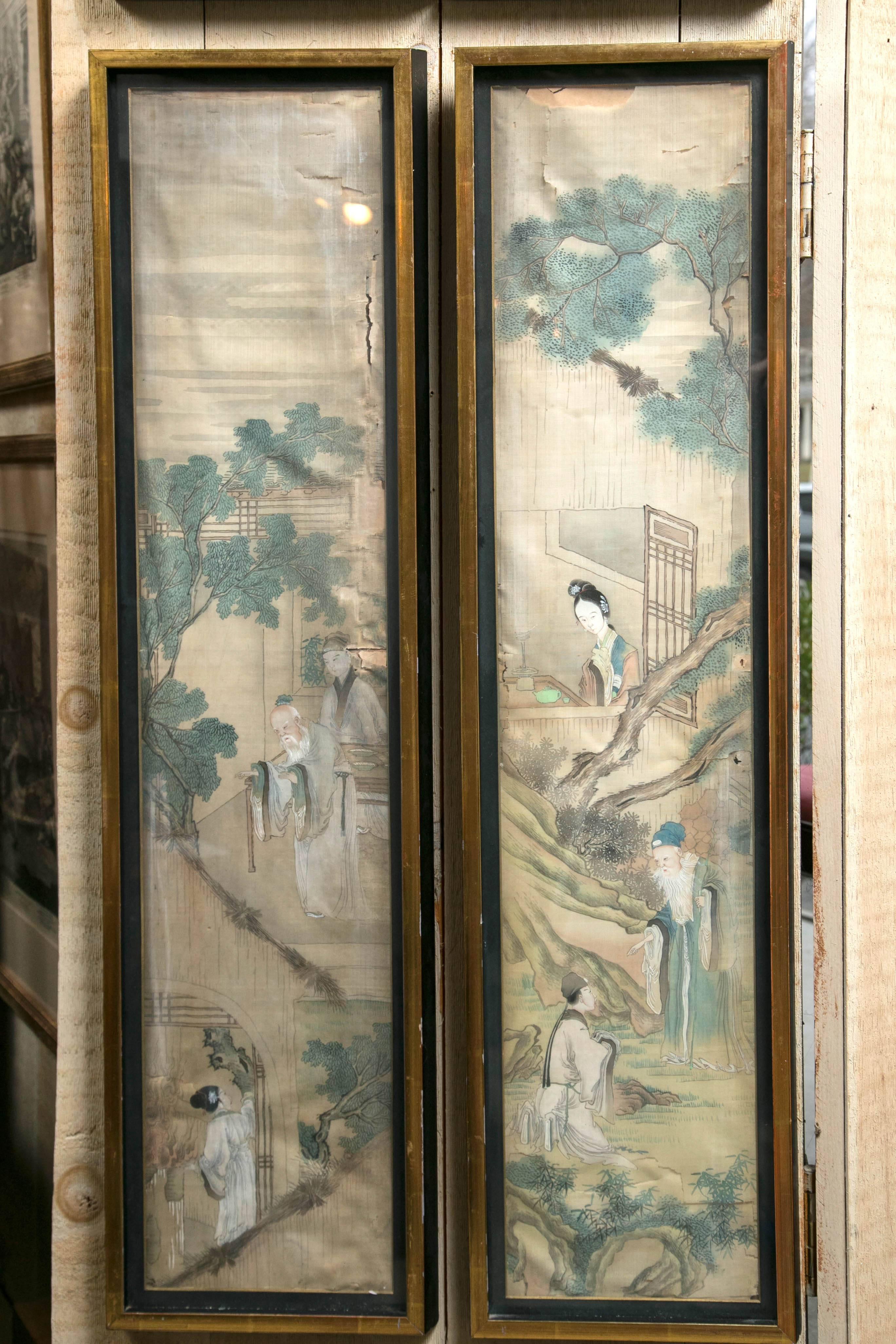 Set of Four Hand-Painted, on Silk Chinese Panels In Fair Condition In Woodbury, CT