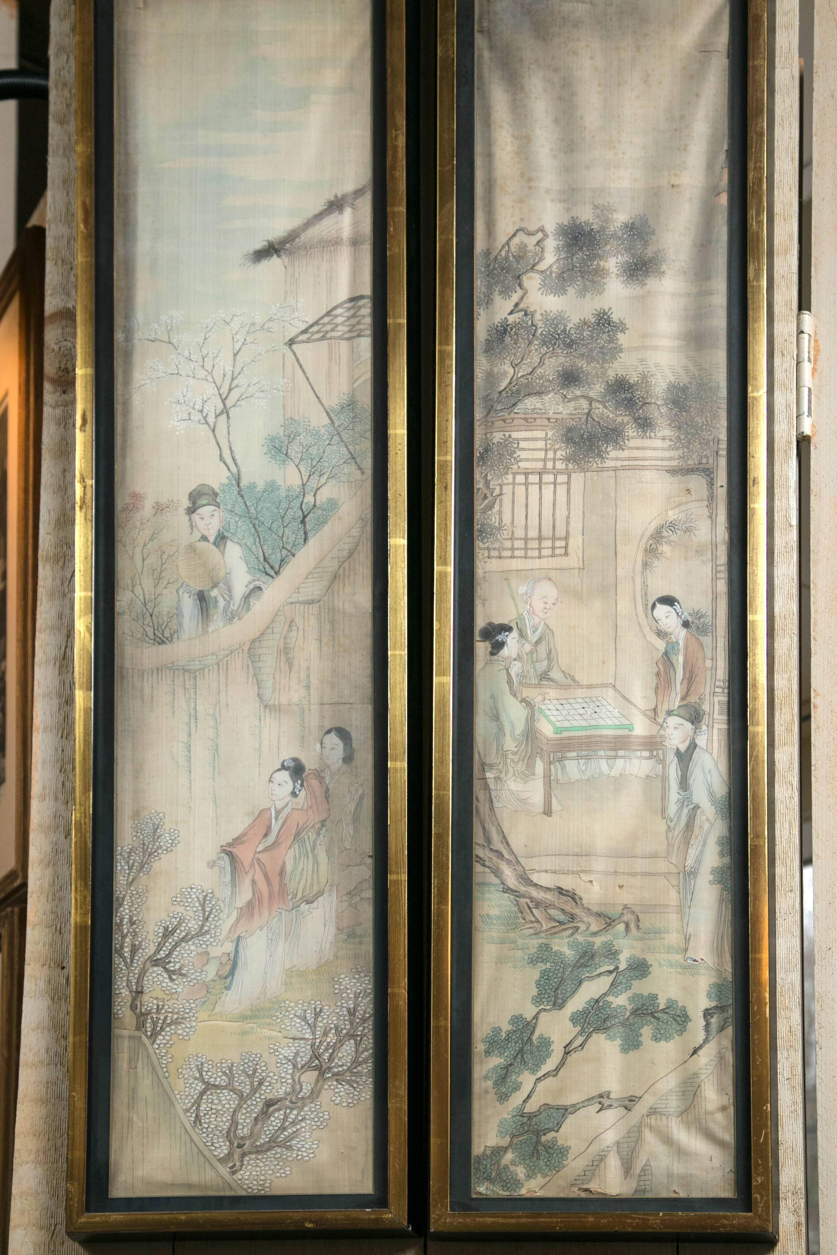 18th Century Set of Four Hand-Painted, on Silk Chinese Panels