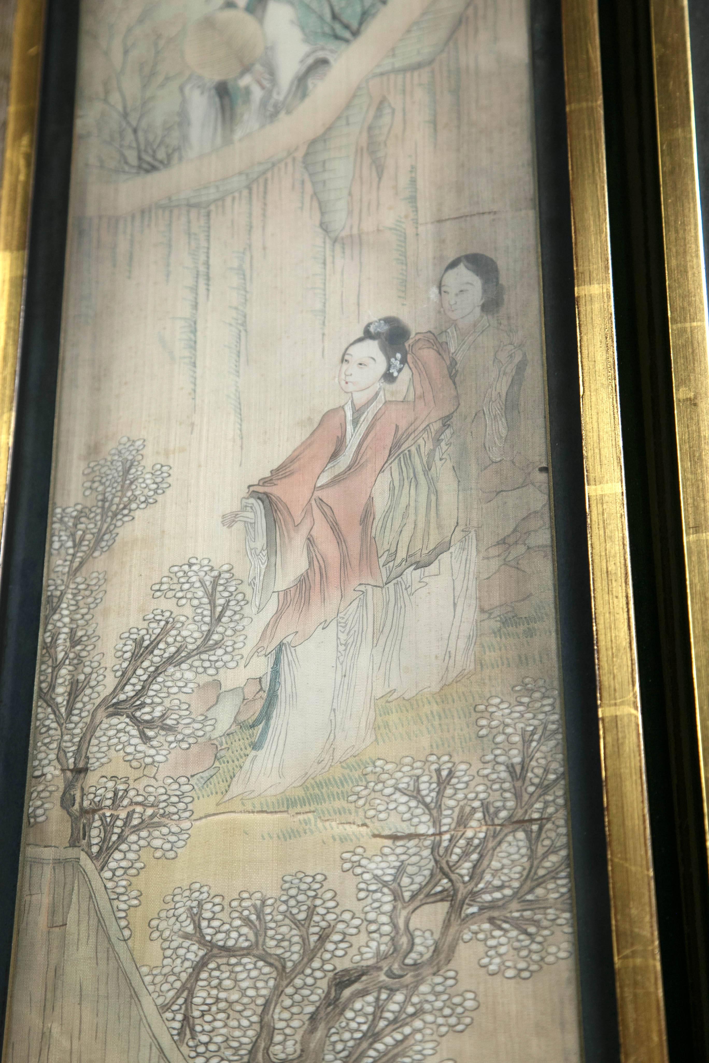 Set of Four Hand-Painted, on Silk Chinese Panels 1
