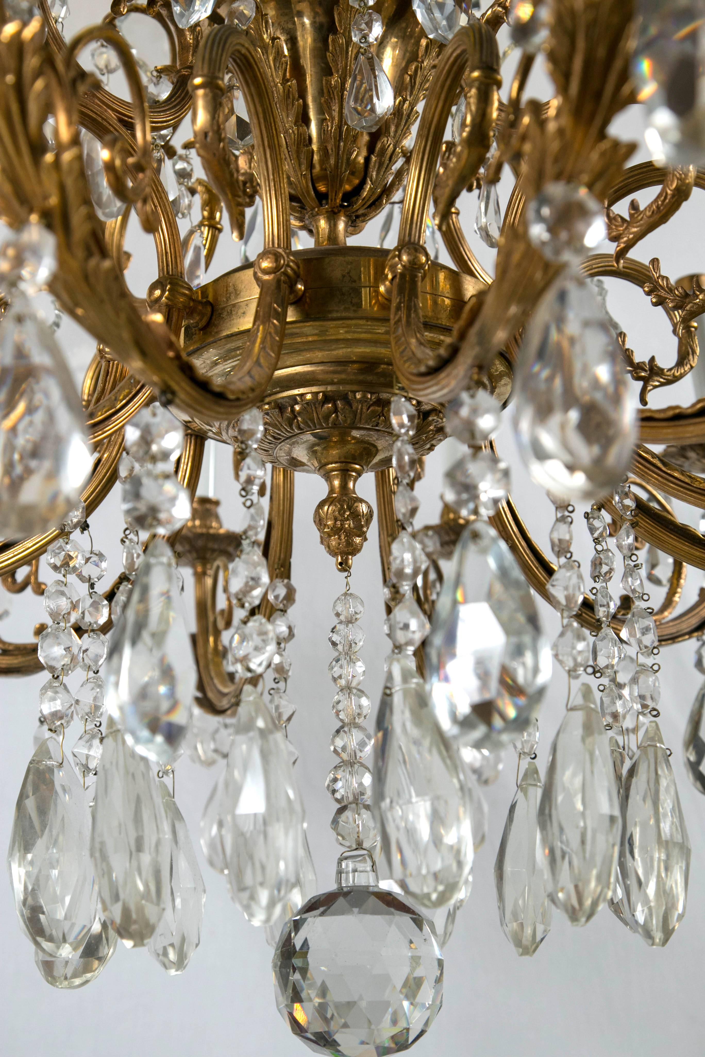 20th Century Bronze and Crystal Twelve-Light Continental Chandelier For Sale