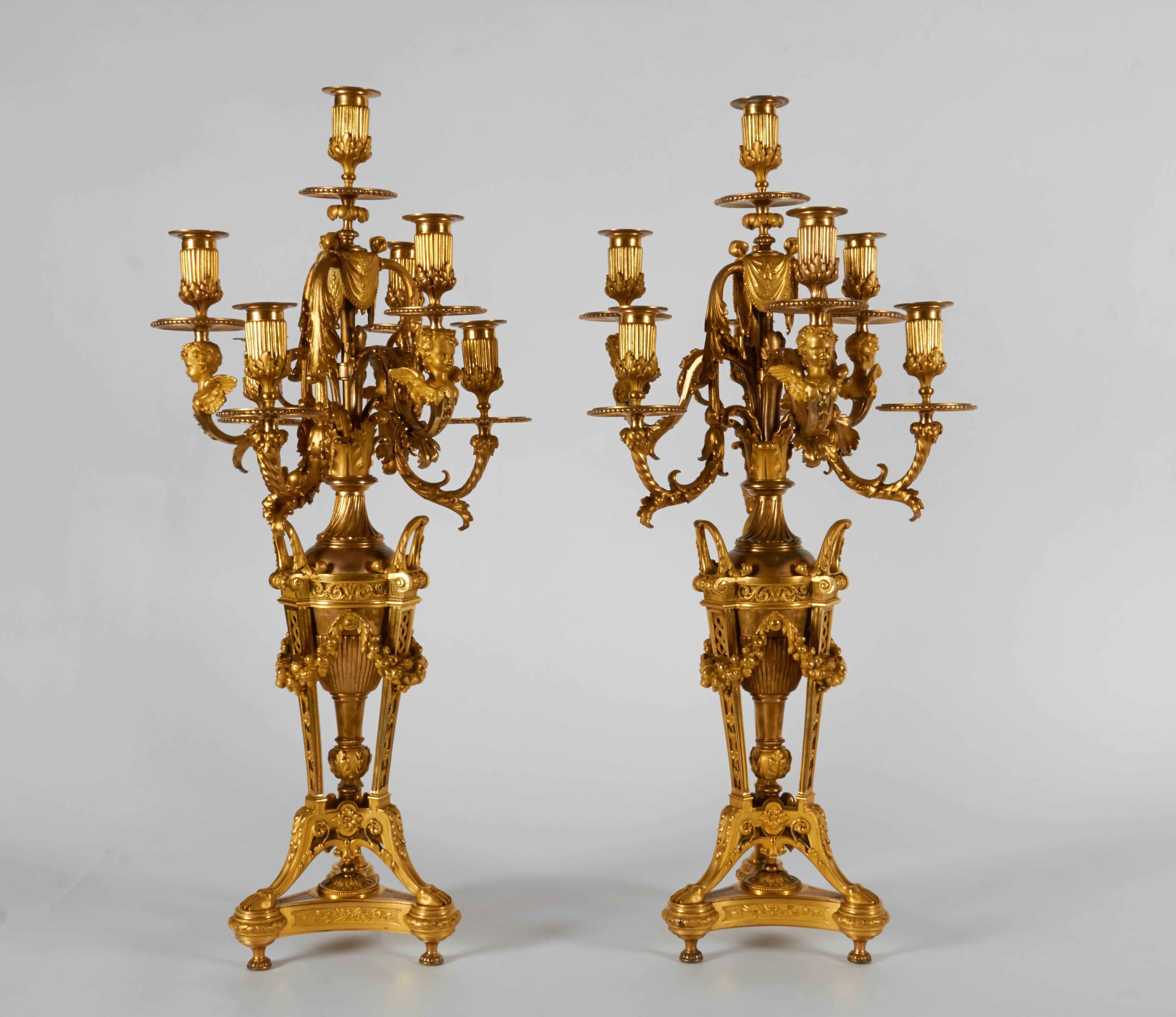 Antique French Louis XVI Style, Dore Bronze Three-Piece Centerpiece Garniture For Sale 2