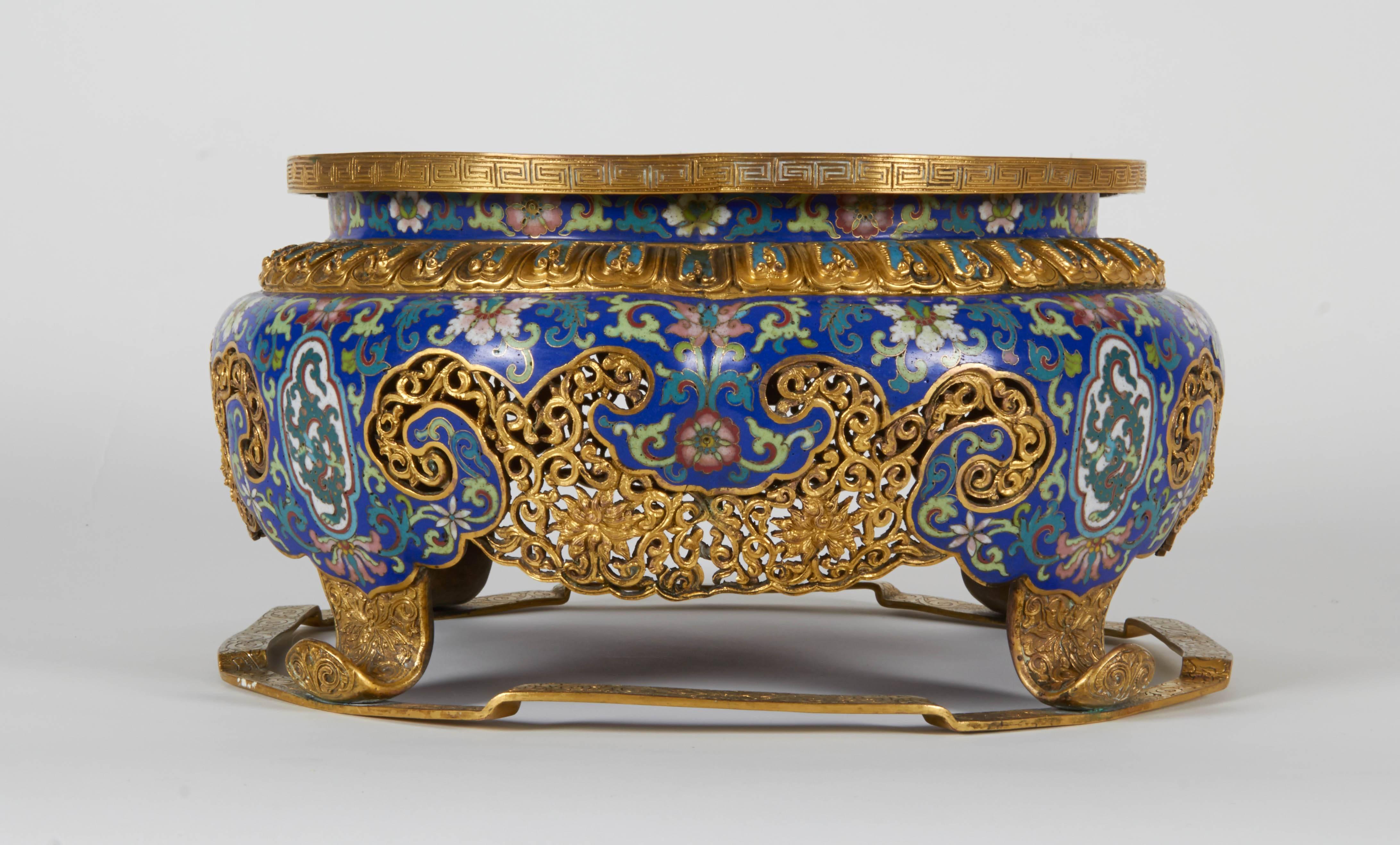 A very unusual antique Chinese Cloisonné and Champleve enamel and gilt bronze small Scholor's table, beautifully nd chased and gilded, late 1700s to mid-1800s, Chinese