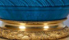Pair of Blue Theodore Deck Porcelain and Ormolu-Mounted Vases/Lamps