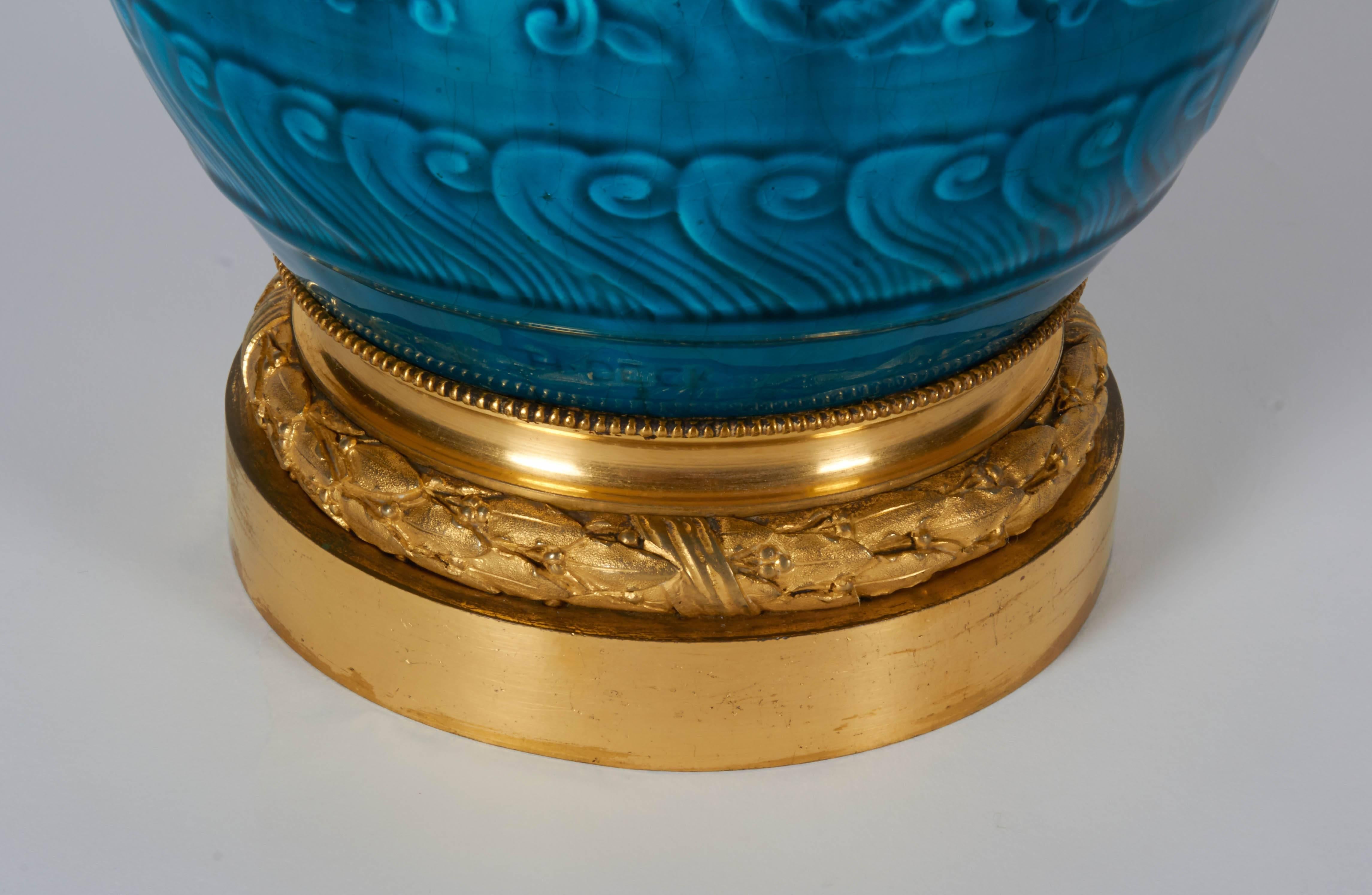 Pair of Blue Theodore Deck Porcelain and Ormolu-Mounted Vases/Lamps In Excellent Condition In New York, NY