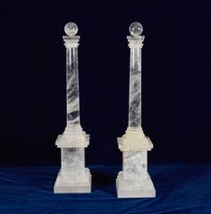 Pair of Art Deco Style Hand-Carved Rock Crystal Quartz Obelisks