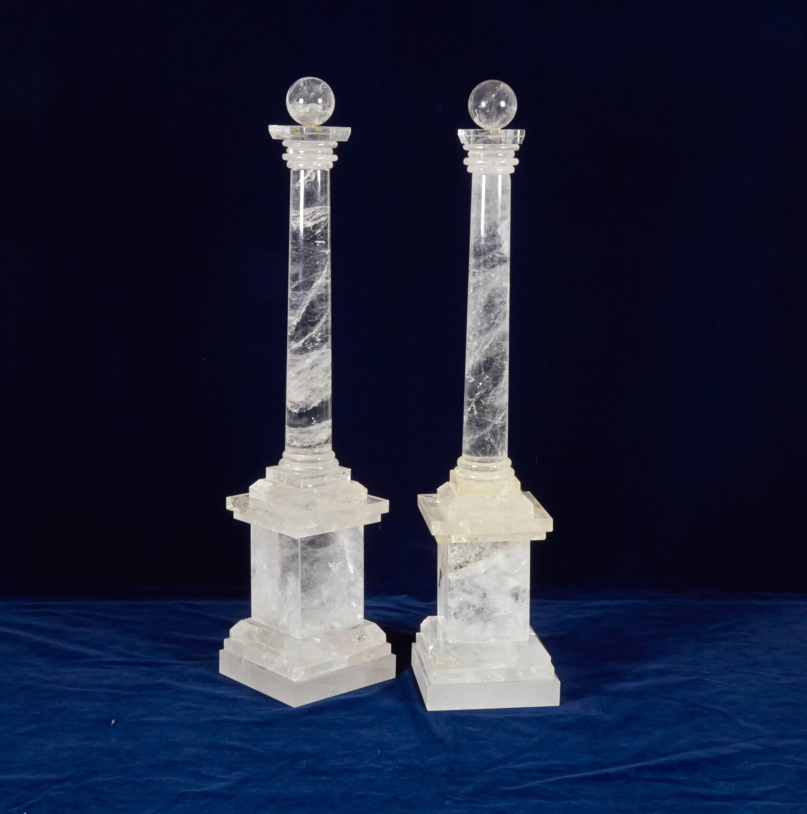 French Pair of Art Deco Style Hand-Carved Rock Crystal Quartz Obelisks