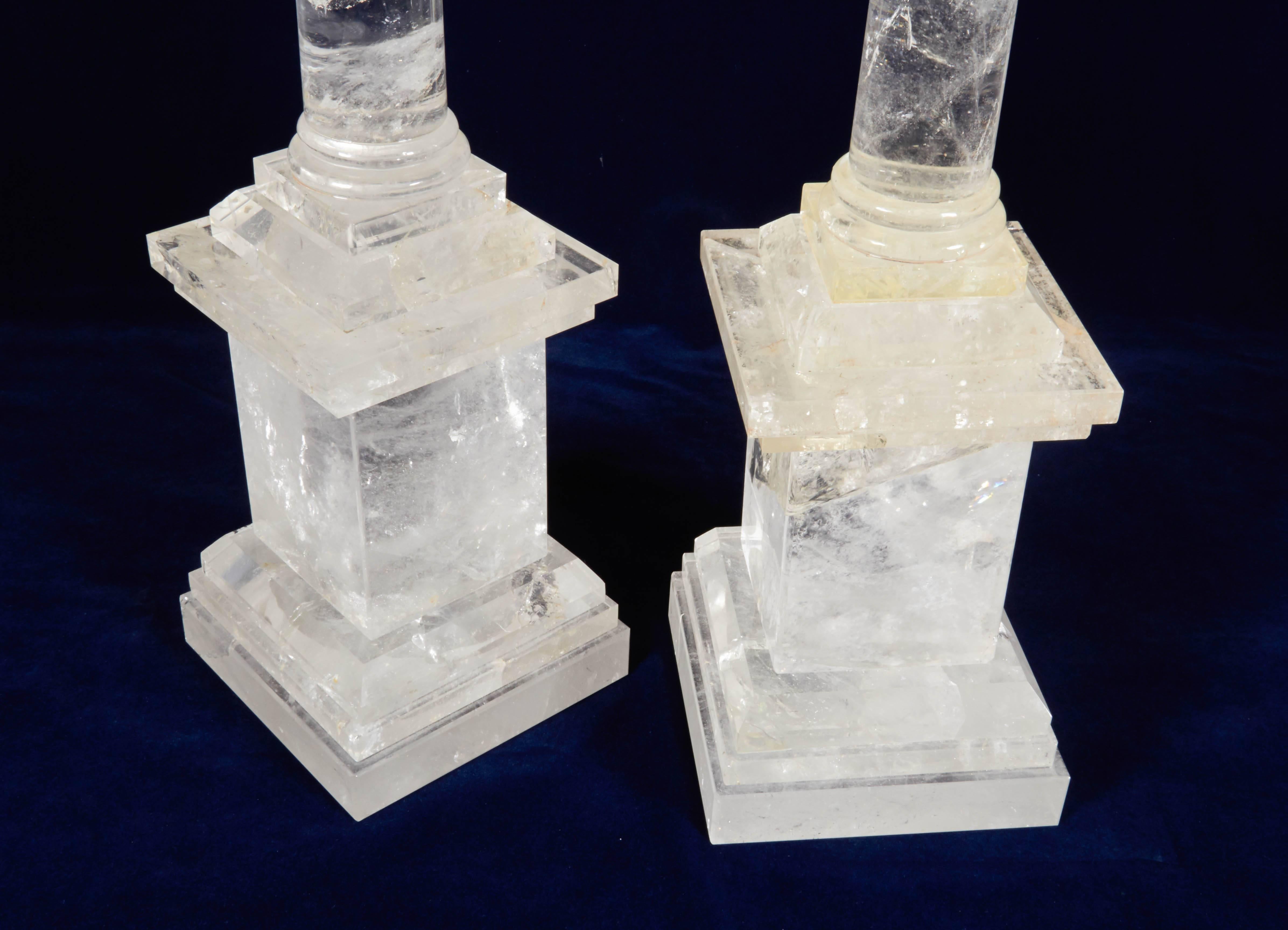 Pair of Art Deco Style Hand-Carved Rock Crystal Quartz Obelisks In Excellent Condition In New York, NY