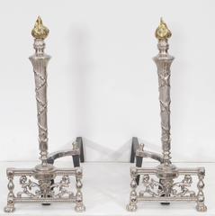 1940s Nickel Andirons with Brass Flame Finial