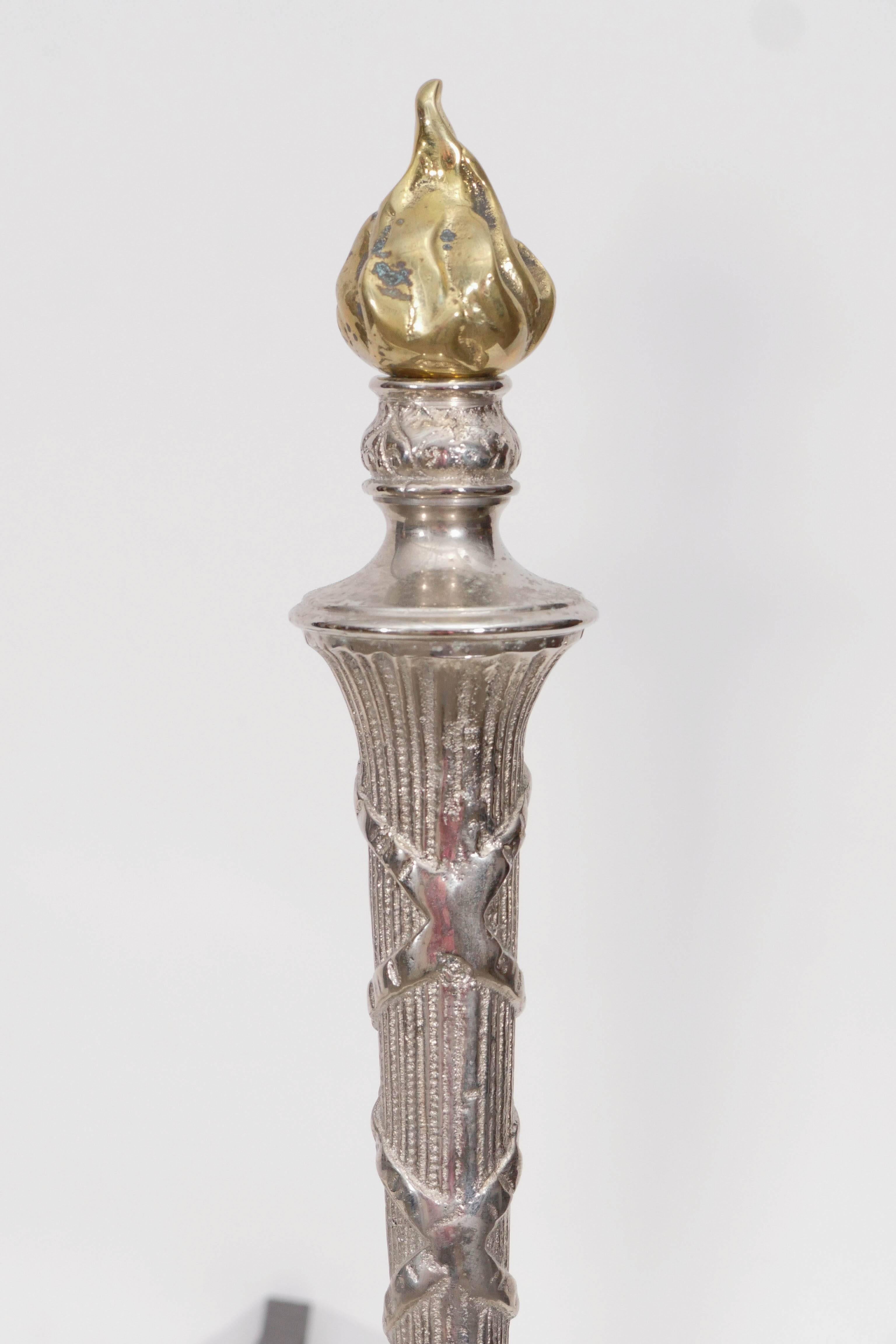 Art Deco 1940s Nickel Andirons with Brass Flame Finial For Sale