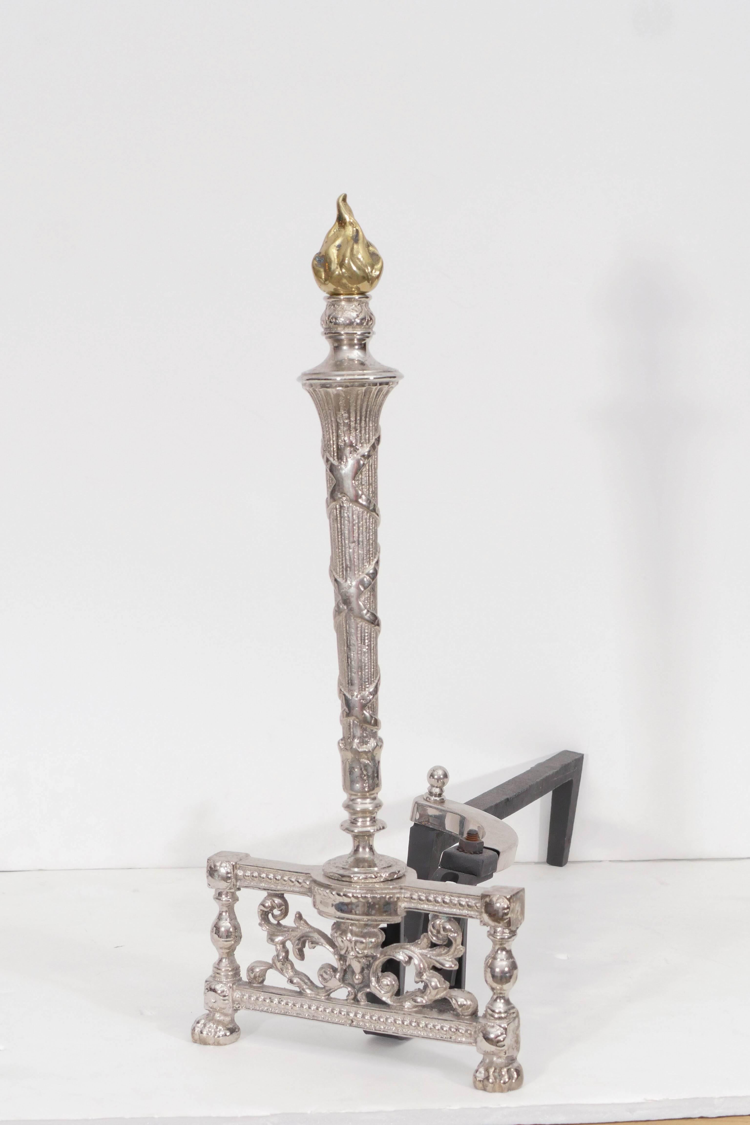 1940s Nickel Andirons with Brass Flame Finial In Excellent Condition For Sale In New York, NY