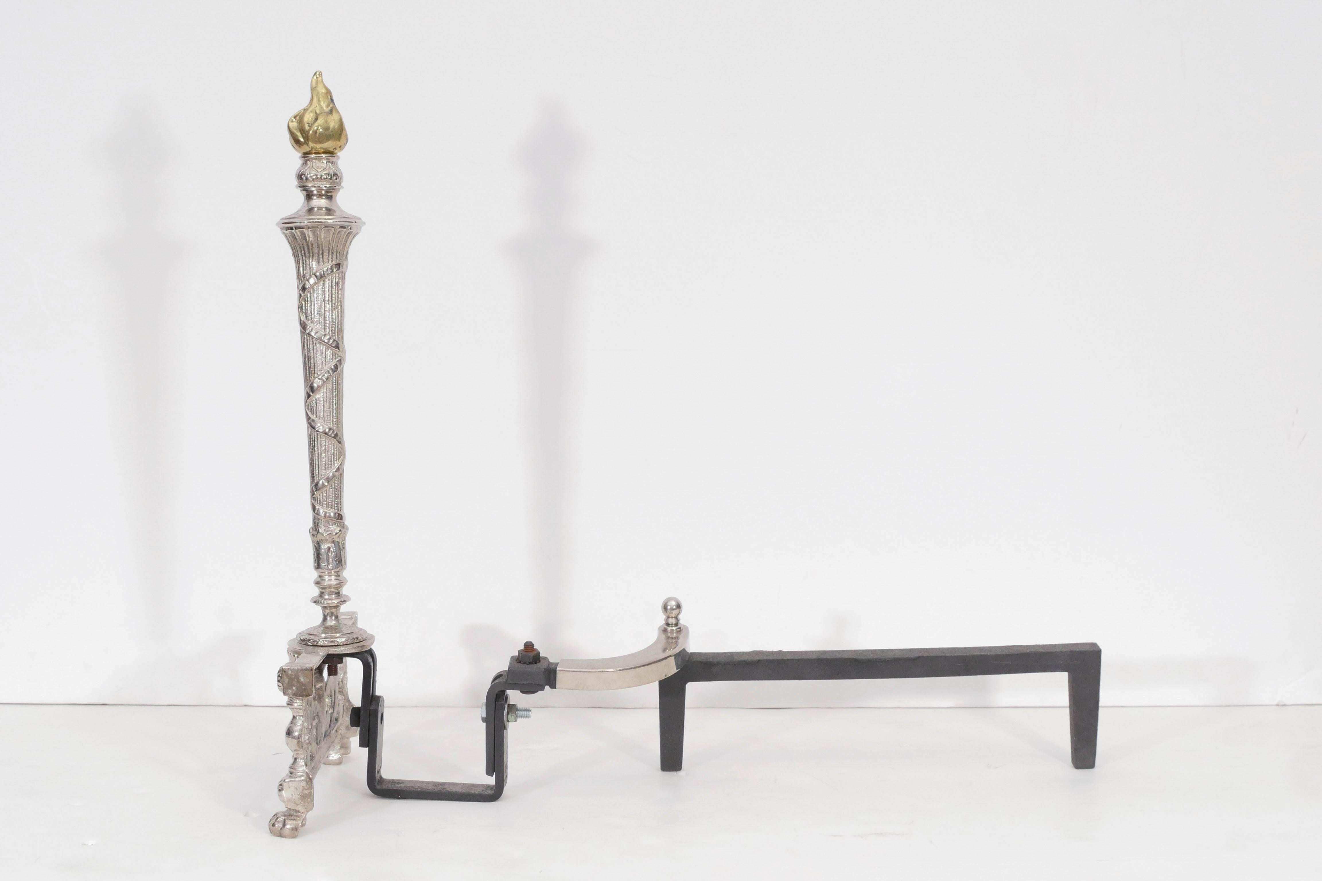 20th Century 1940s Nickel Andirons with Brass Flame Finial For Sale