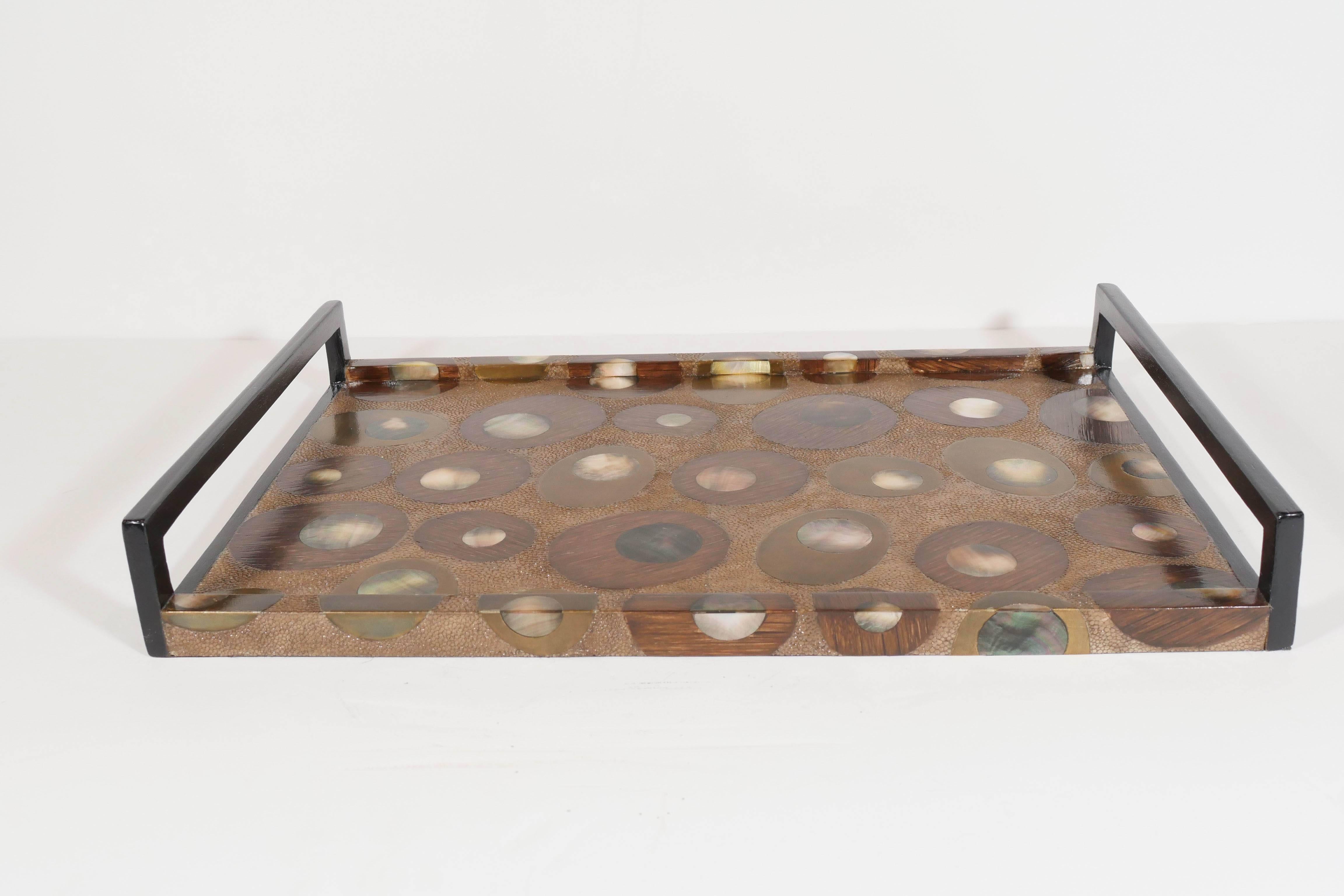 Mid-Century Modern Shagreen Serving Tray with Inlays of Mother-of-Pearl and Palmwood 