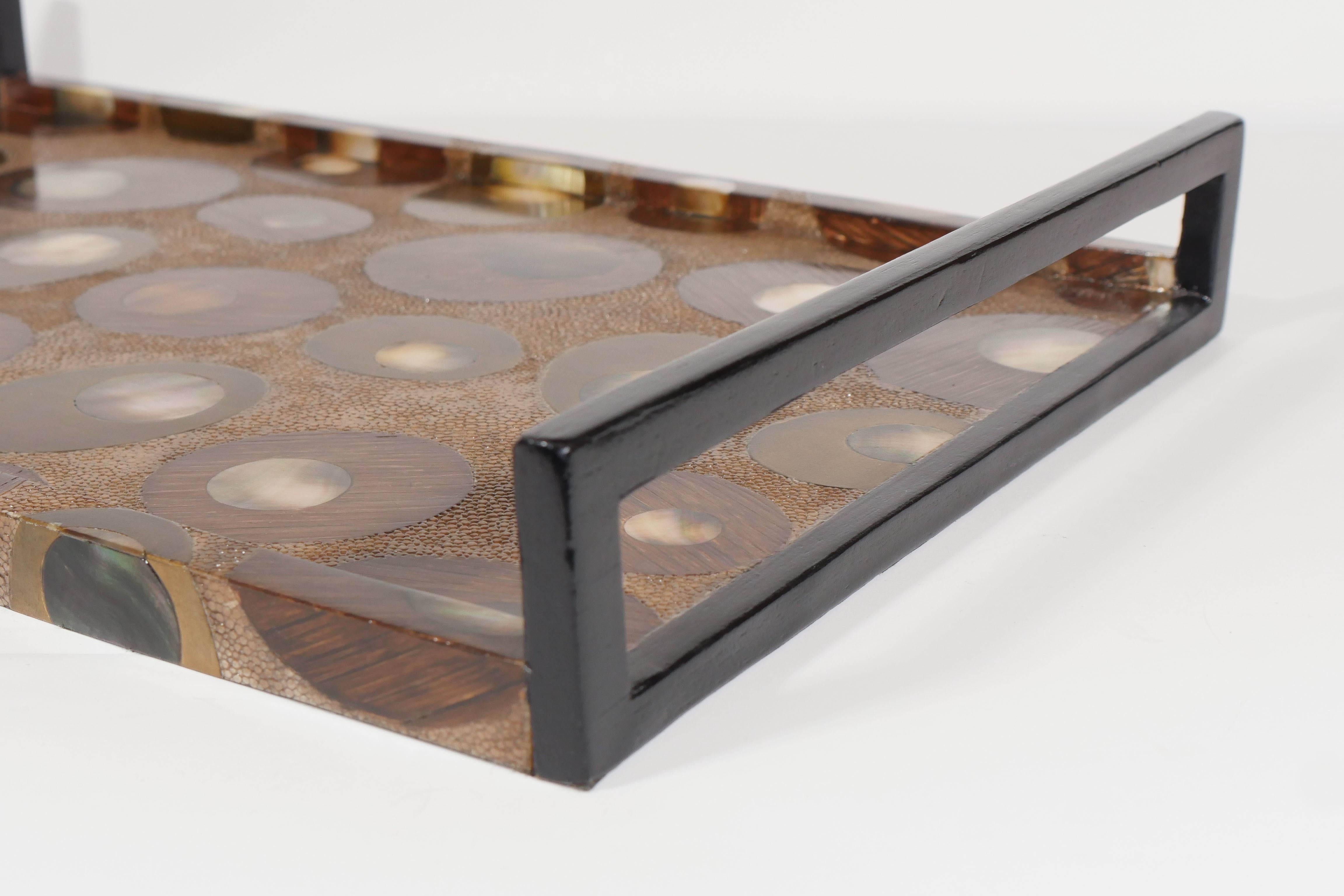 Hand-Crafted Shagreen Serving Tray with Inlays of Mother-of-Pearl and Palmwood 