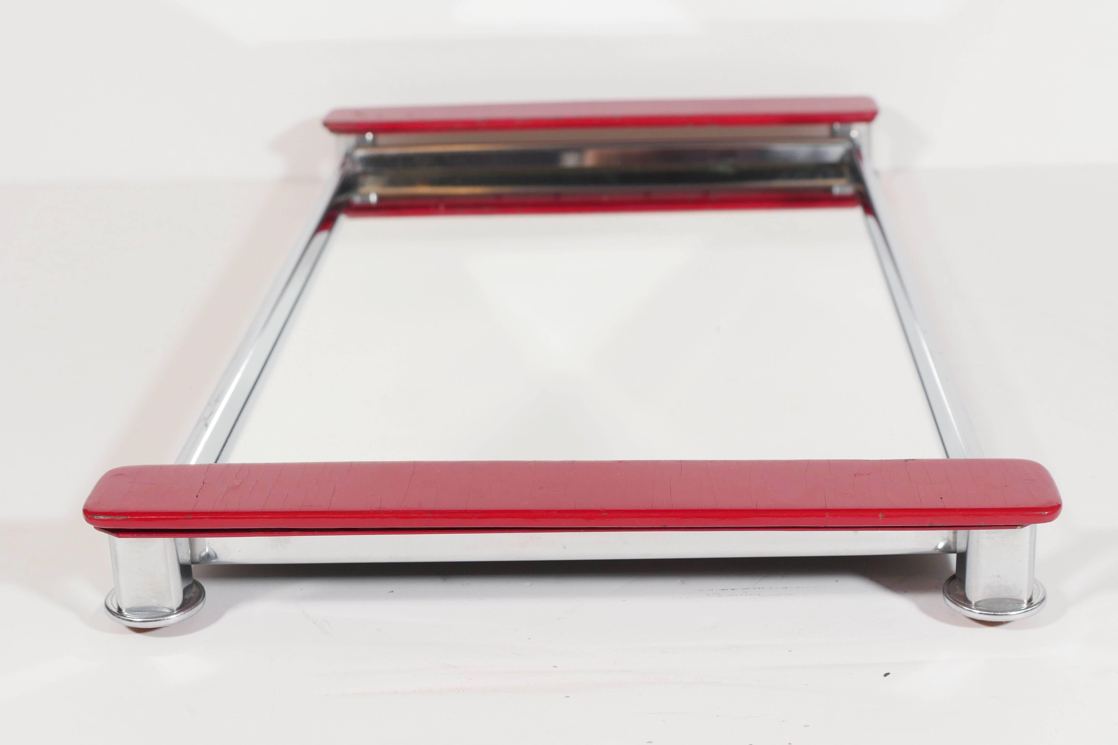 American Art Deco Mirrored Bar Tray with Red Lacquered Handles