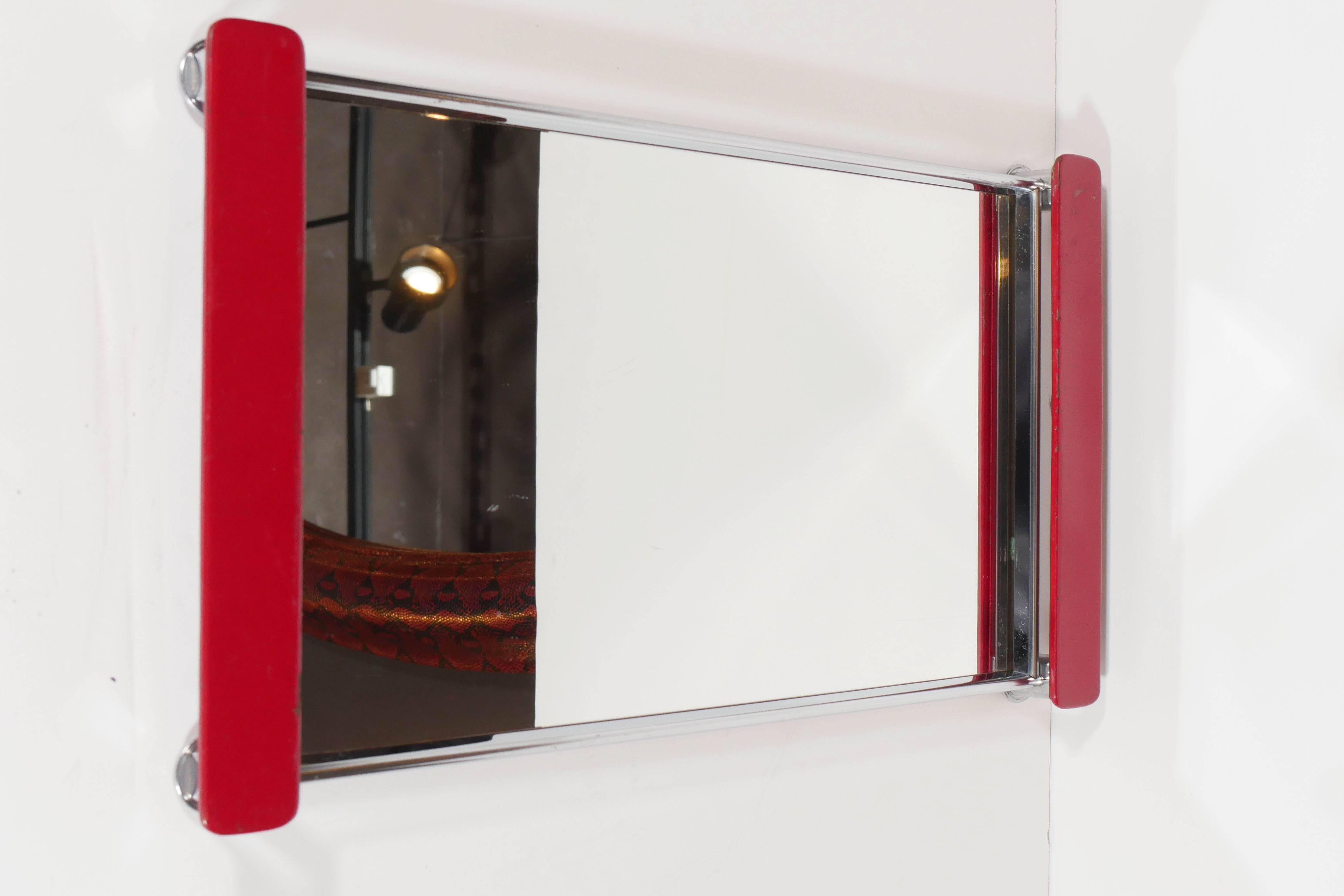 Mid-20th Century Art Deco Mirrored Bar Tray with Red Lacquered Handles