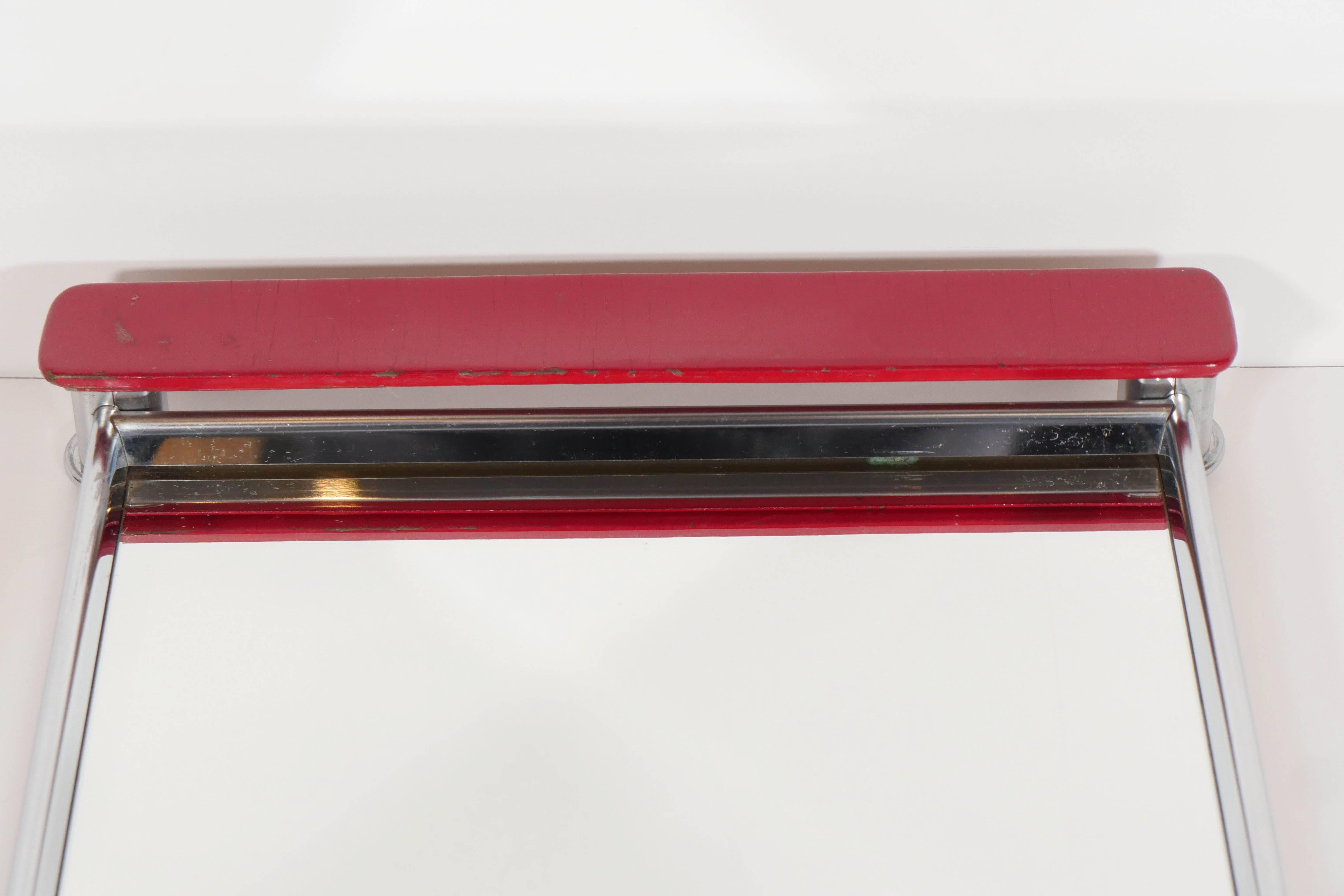 Chrome Art Deco Mirrored Bar Tray with Red Lacquered Handles