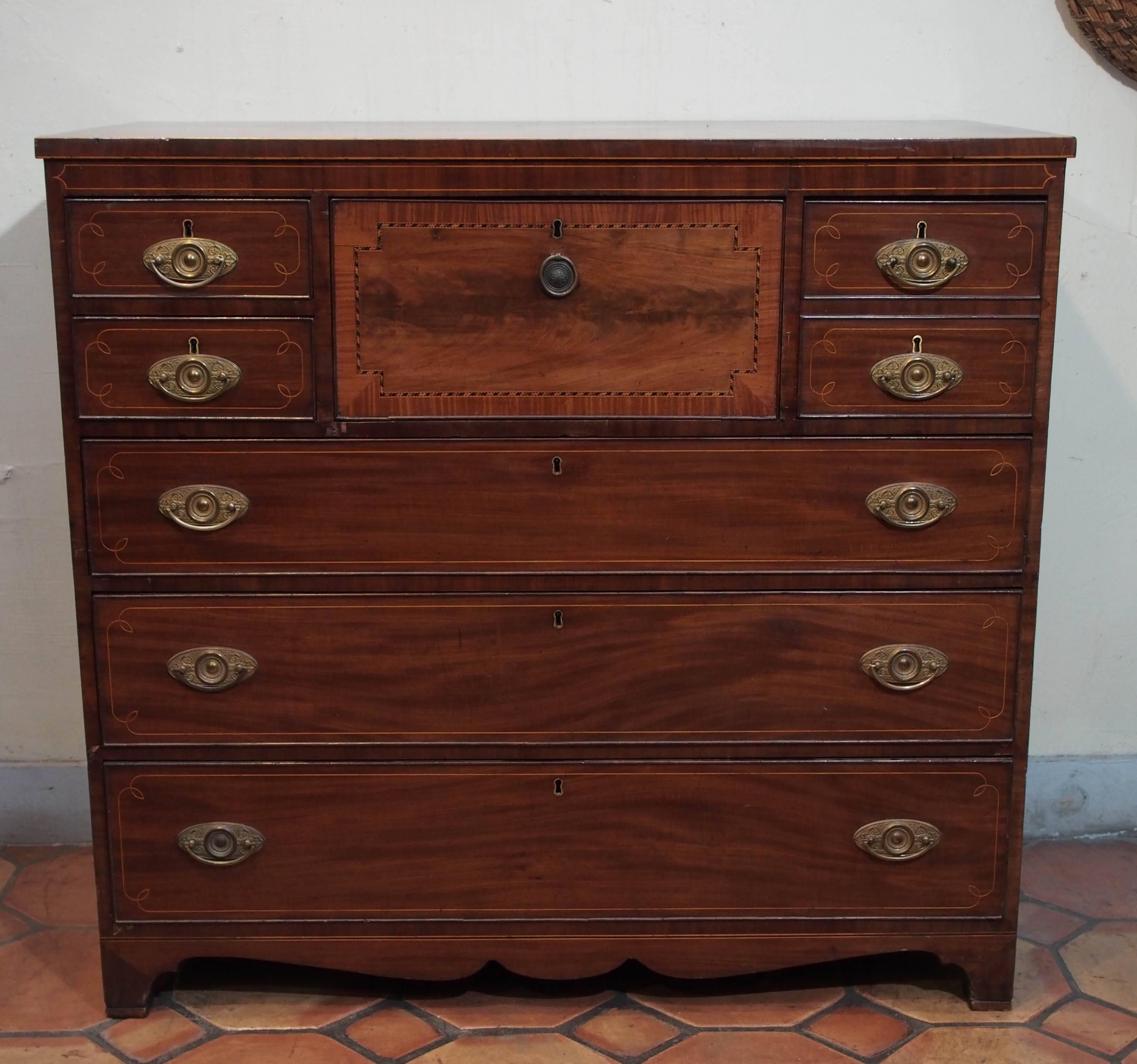 Early 19th century English Sheraton style mahogany and satinwood commode/bureau, circa 1810