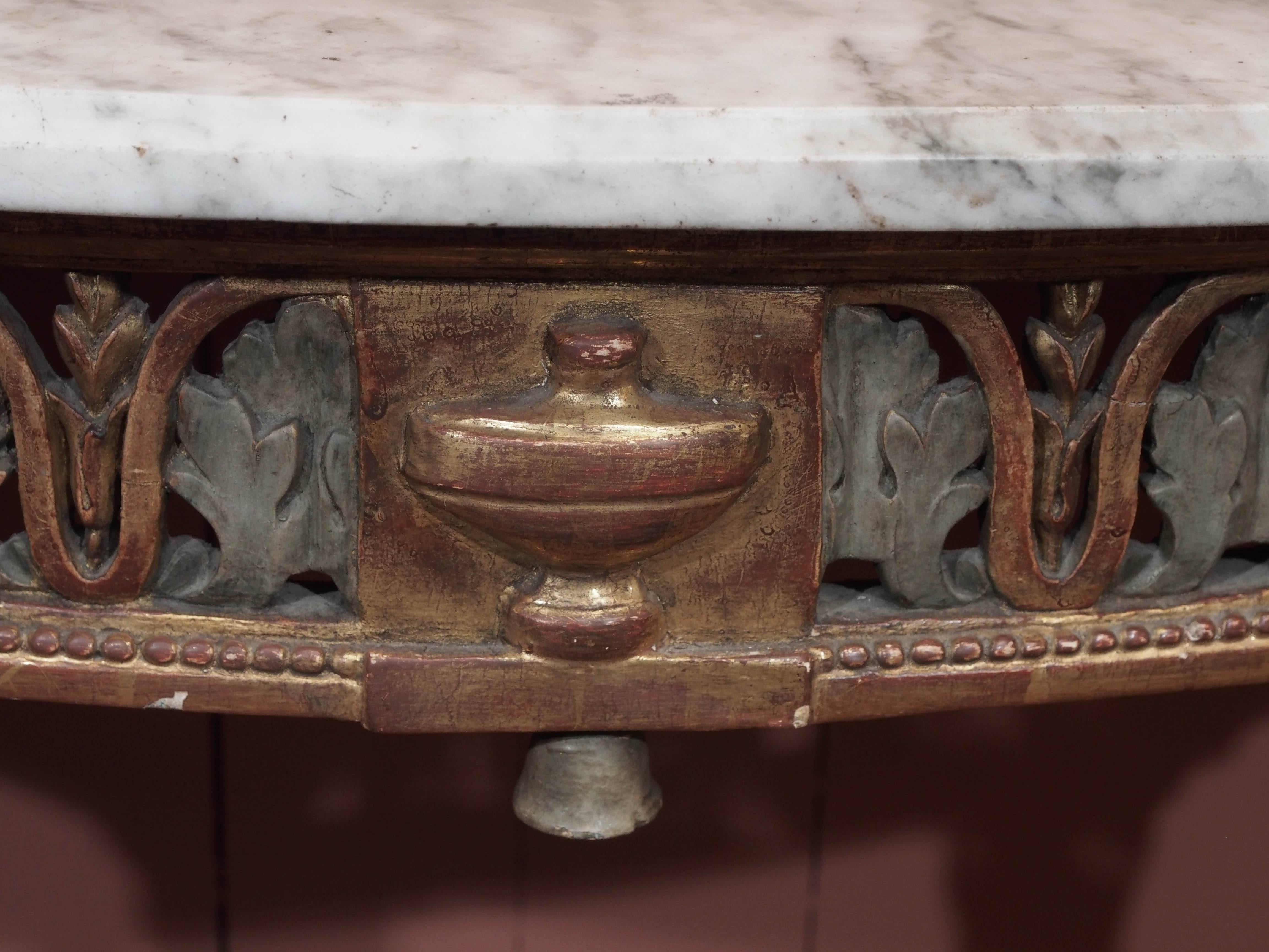 French Louis XVI Period Painted and Gilded Dem-Lune Console with White Marble Top