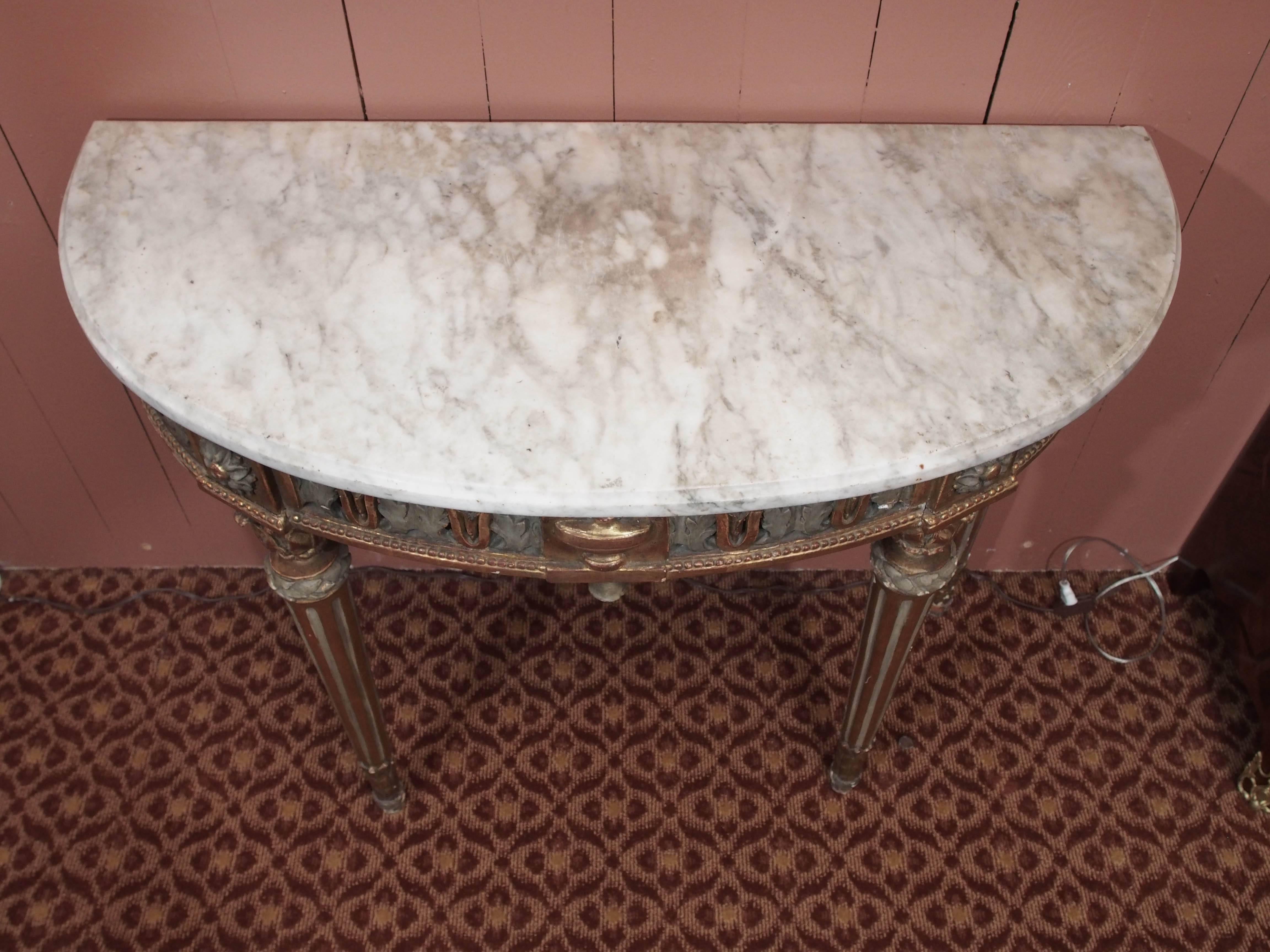 Gilt Louis XVI Period Painted and Gilded Dem-Lune Console with White Marble Top