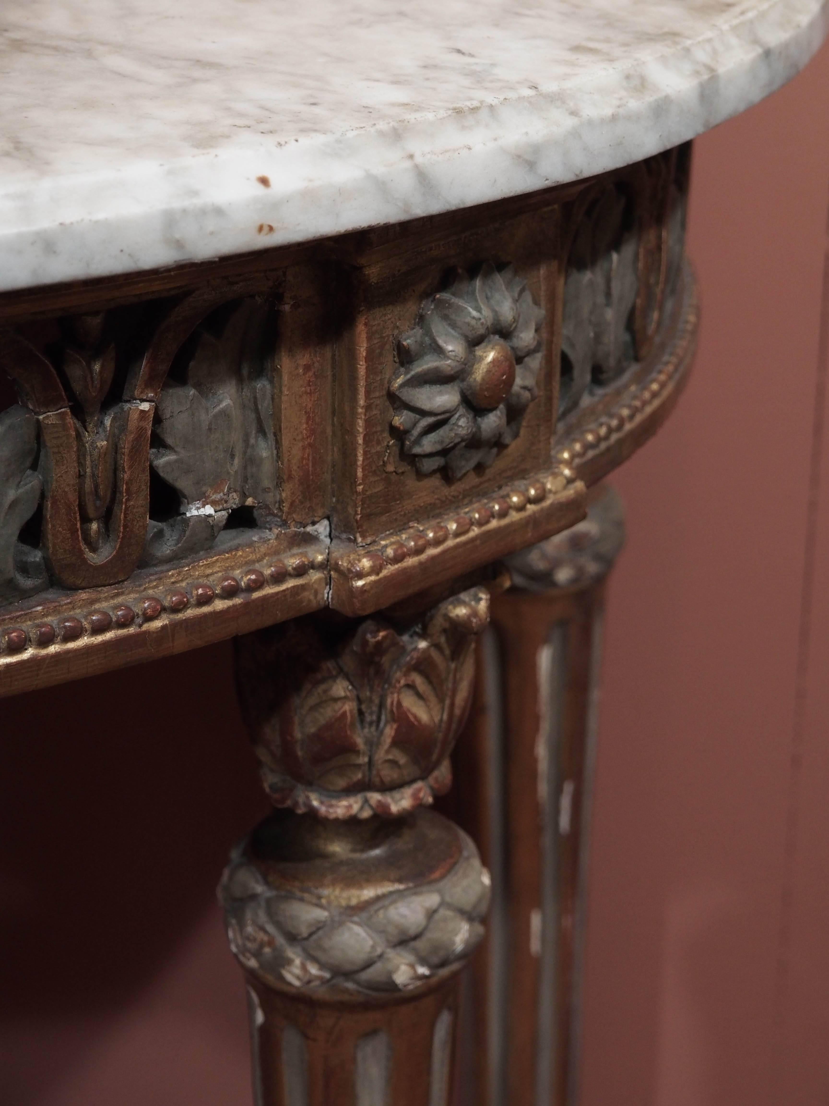 Louis XVI Period Painted and Gilded Dem-Lune Console with White Marble Top In Good Condition In New Orleans, LA