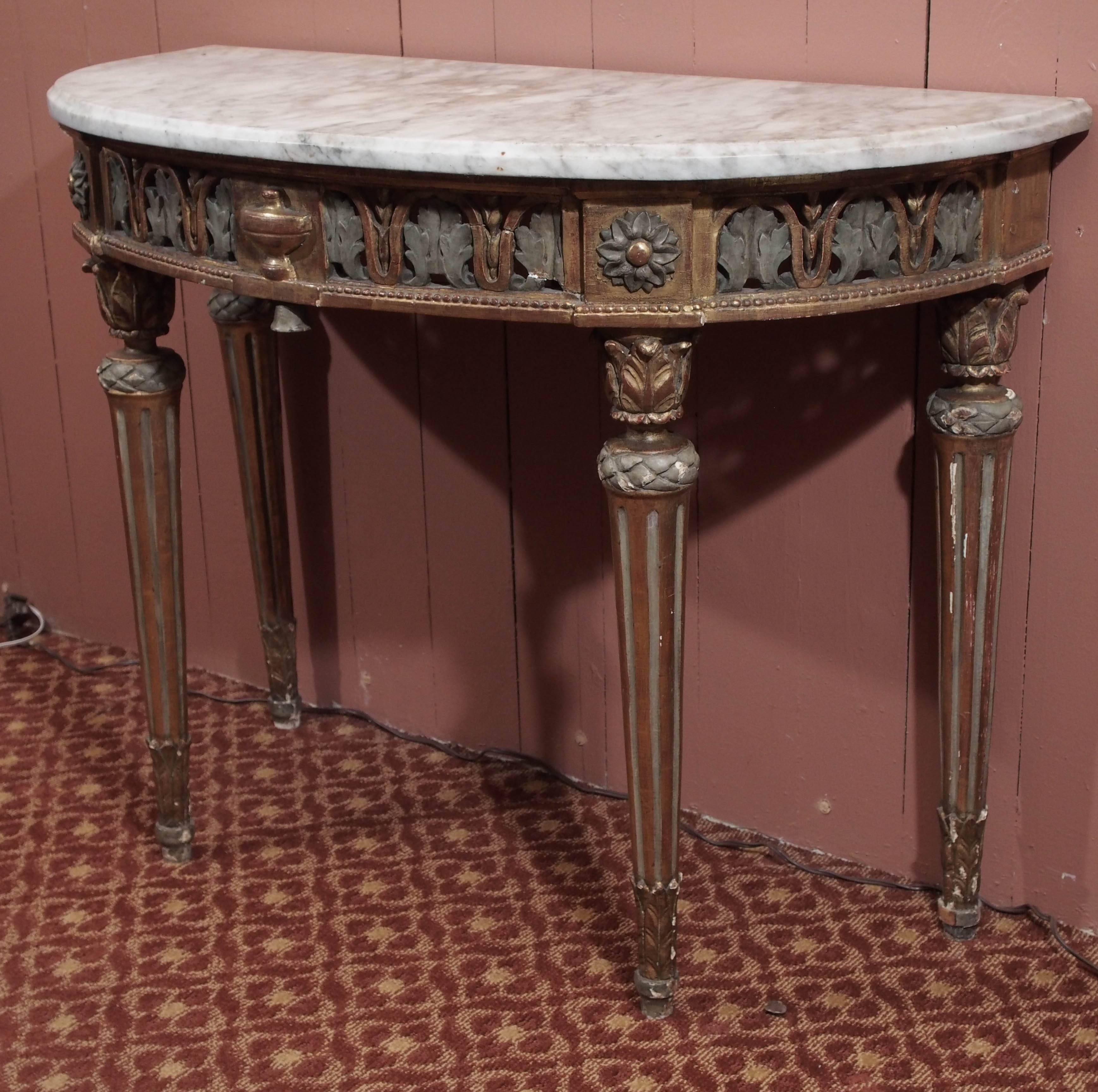 Louis XVI Period Painted and Gilded Dem-Lune Console with White Marble Top 1