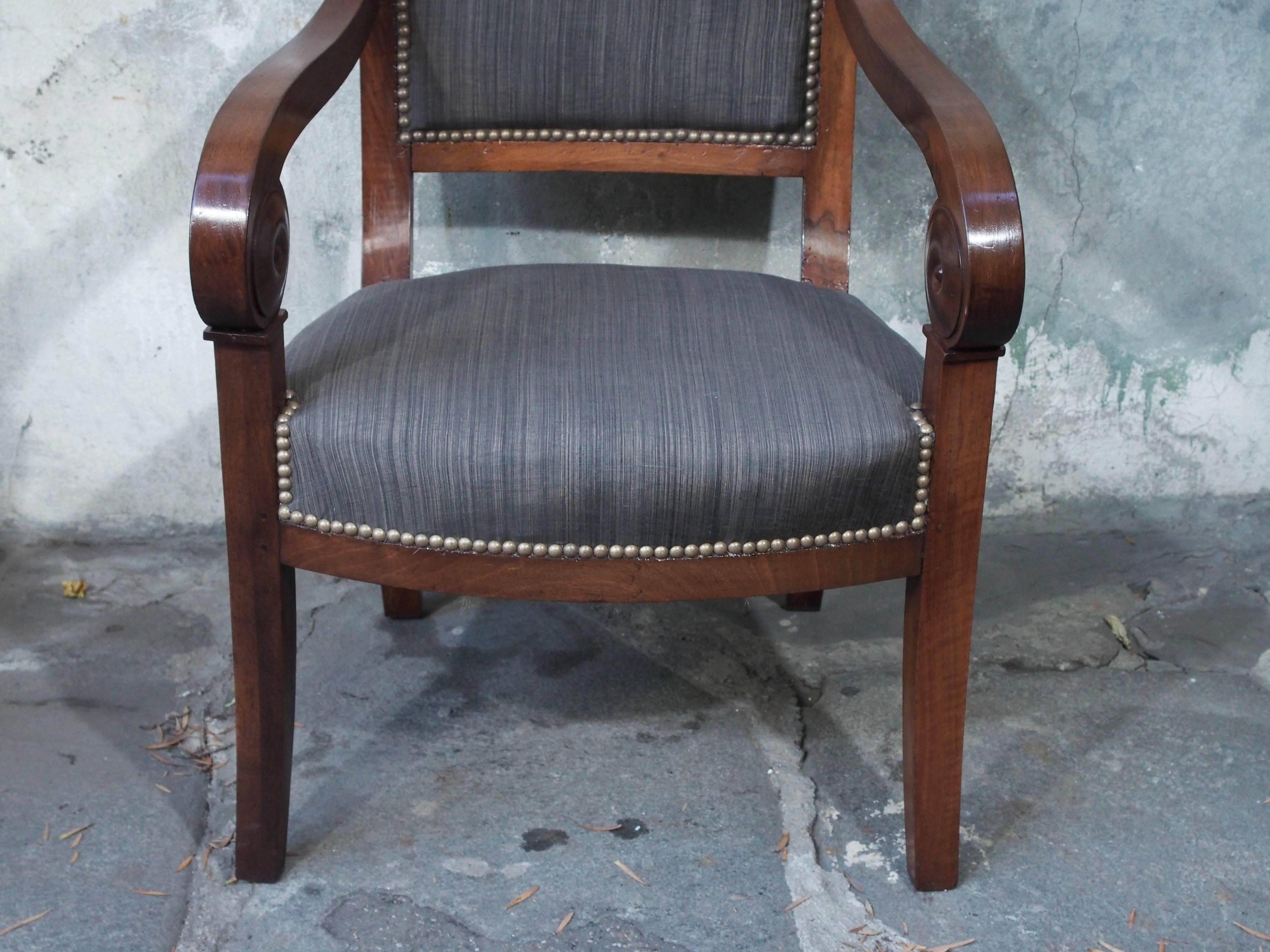 Mid-19th Century Pair of French Restauration Period Walnut Fauteuils with Scroll Arms
