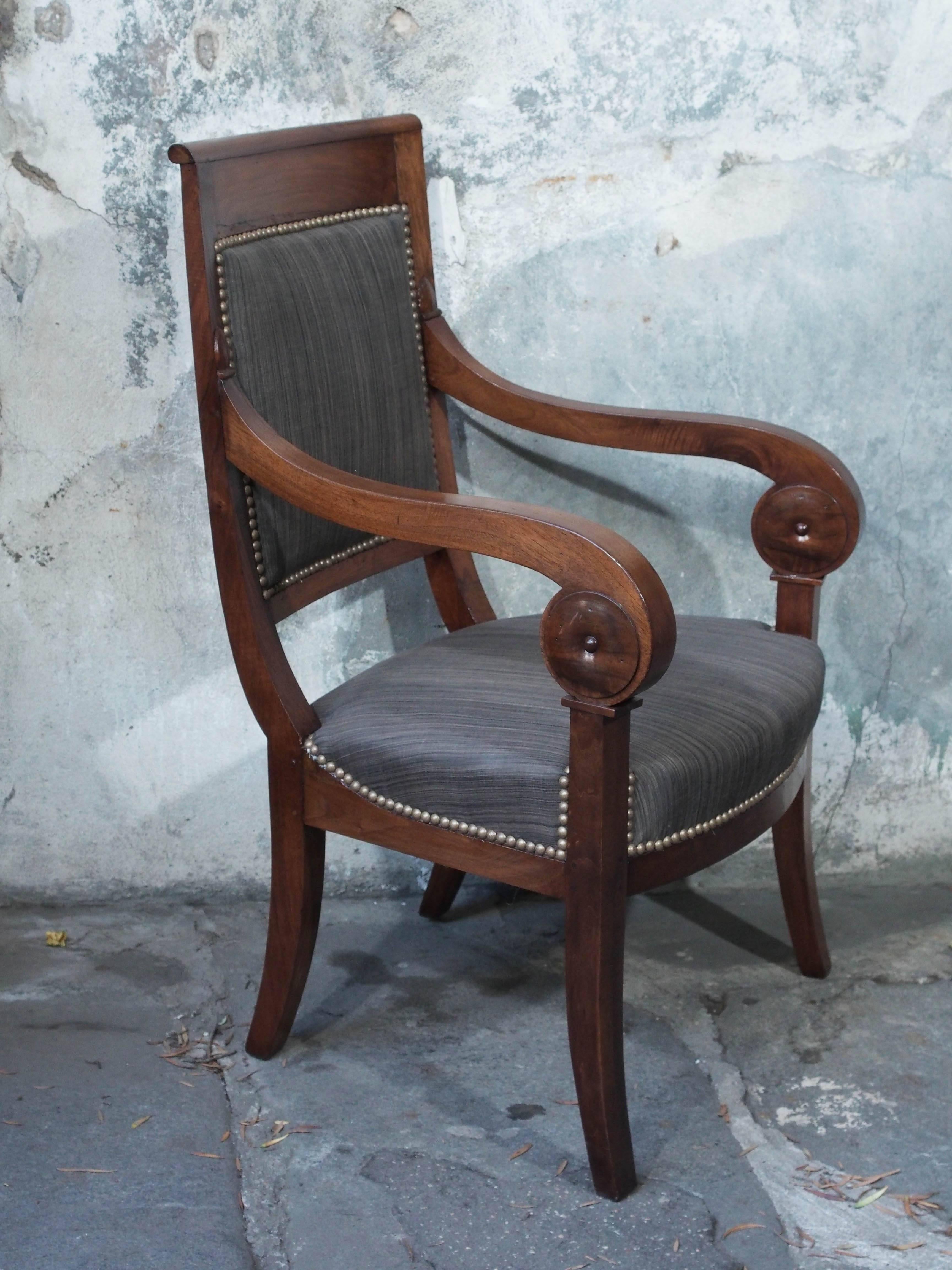 Pair of French Restauration Period Walnut Fauteuils with Scroll Arms 1