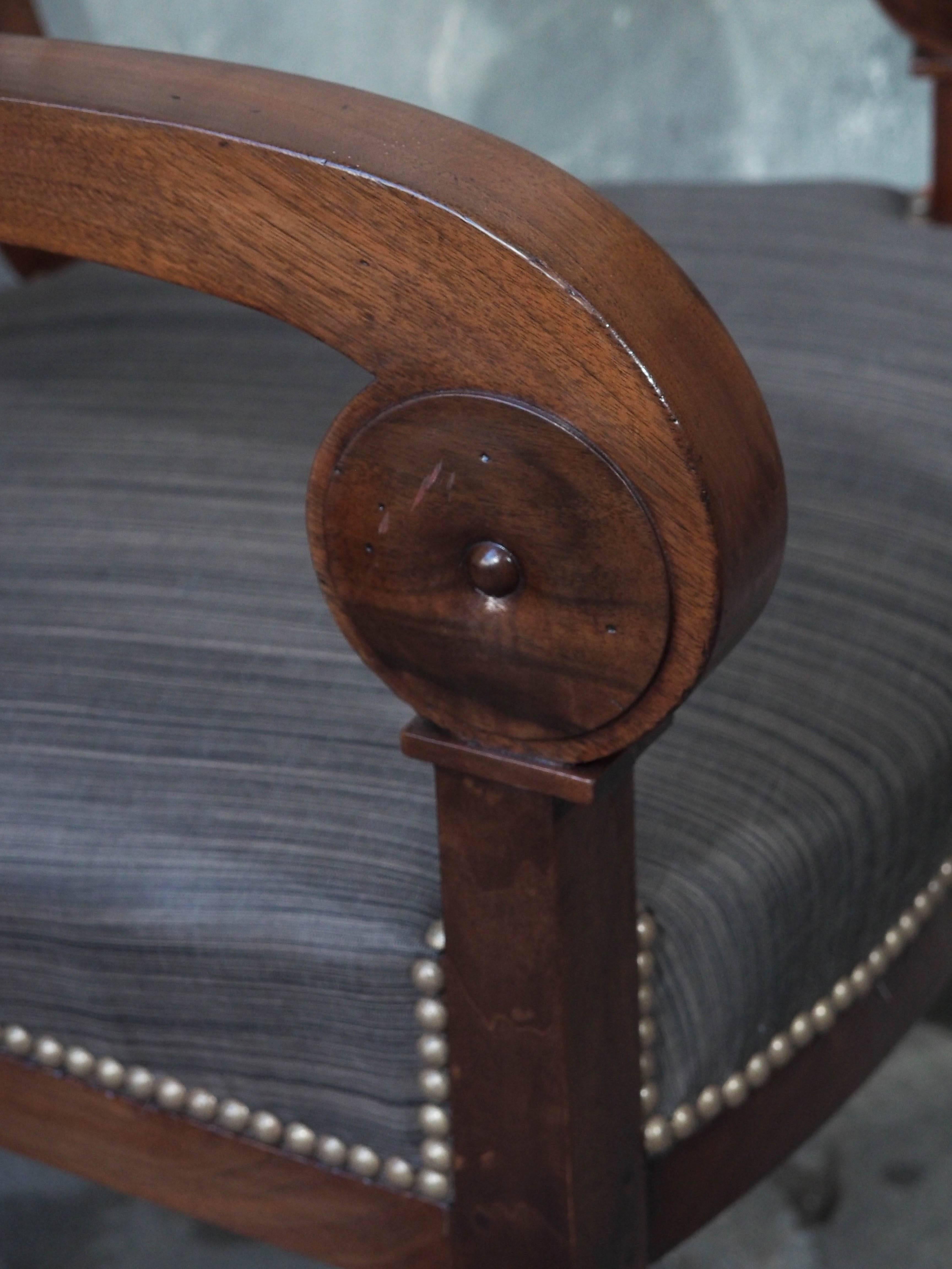 Pair of French Restauration Period Walnut Fauteuils with Scroll Arms 2