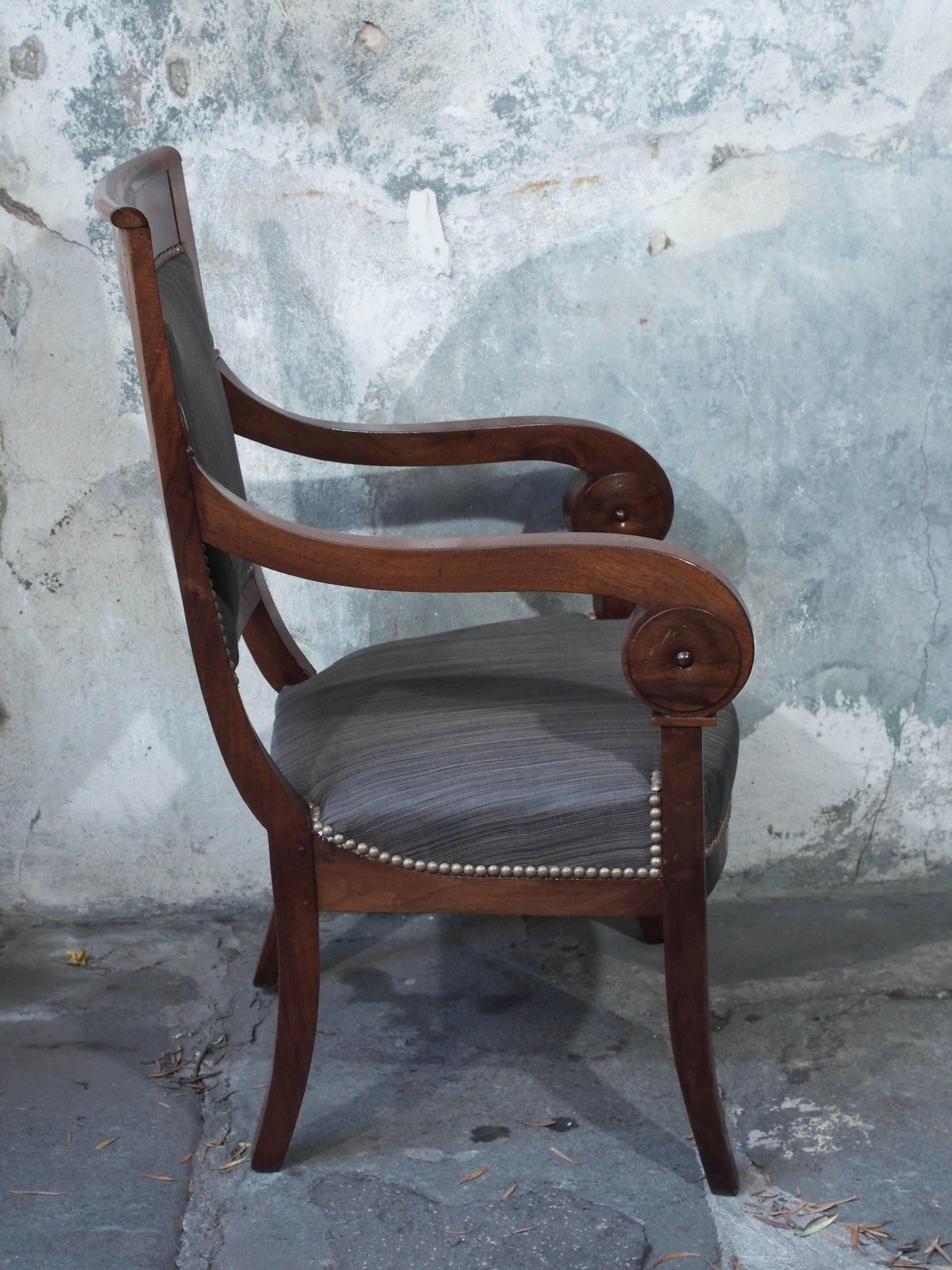 Pair of French Restauration Period Walnut Fauteuils with Scroll Arms 3