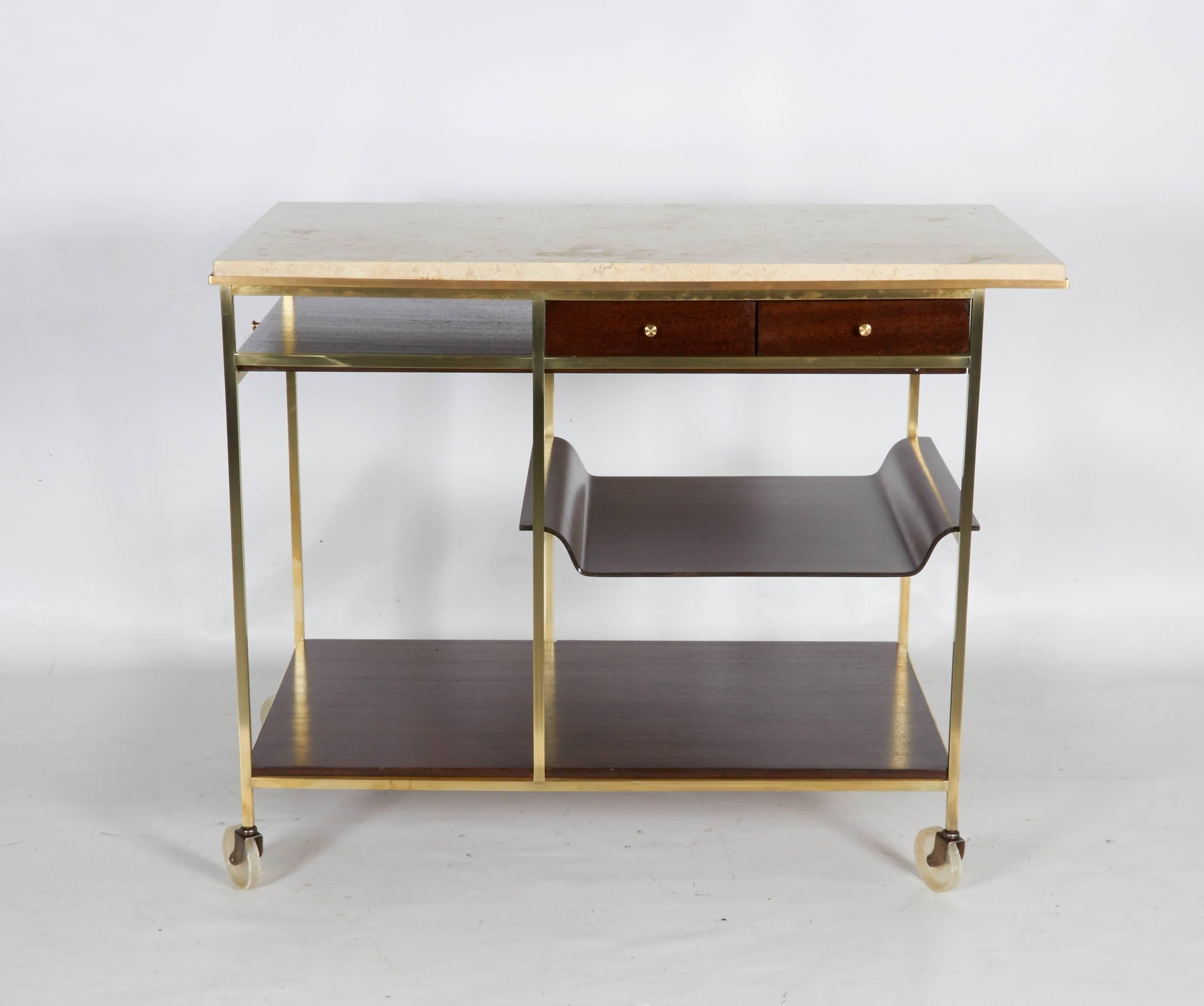 Very handsome and beautifully detailed bar or serving cart. The cart has its original travertine marble top. The structure is polished brass and the wood has been lacquered a rich, dark brown. It has both a pull out surface and a removable tray.