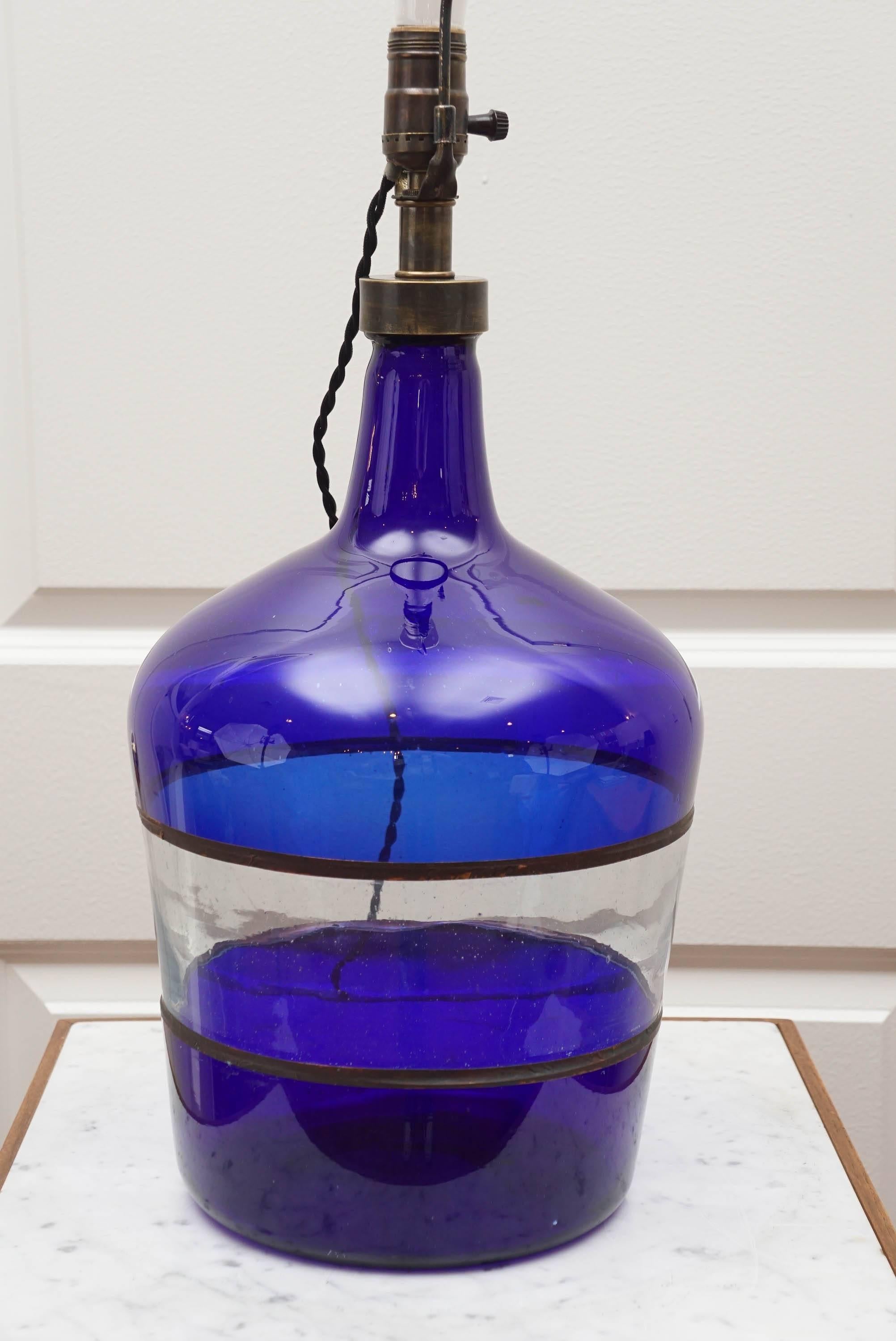 French Vintage Cobalt Glass, Jug Lamp