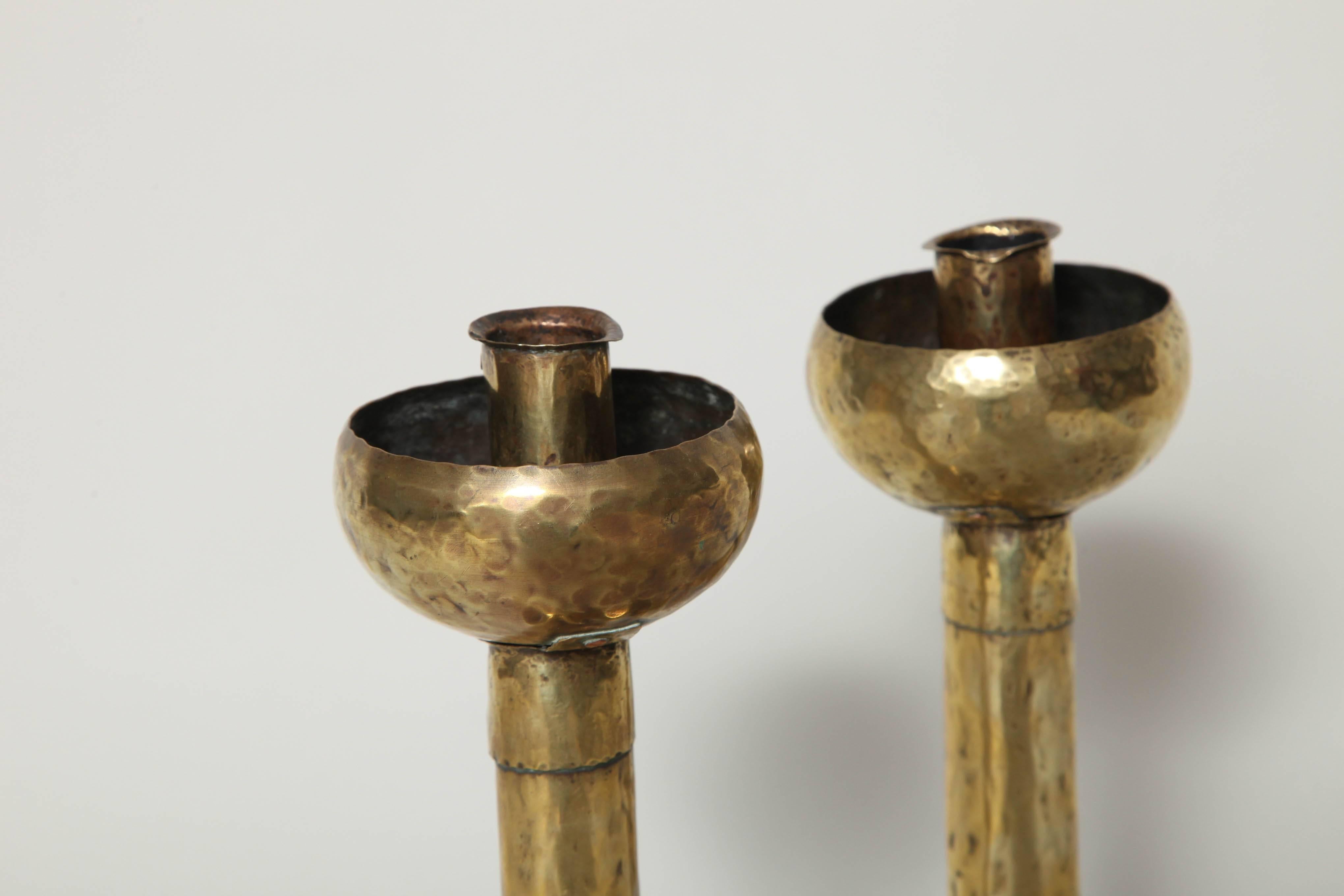 Scottish Pair of Arts and Crafts Hammered Brass Candlesticks