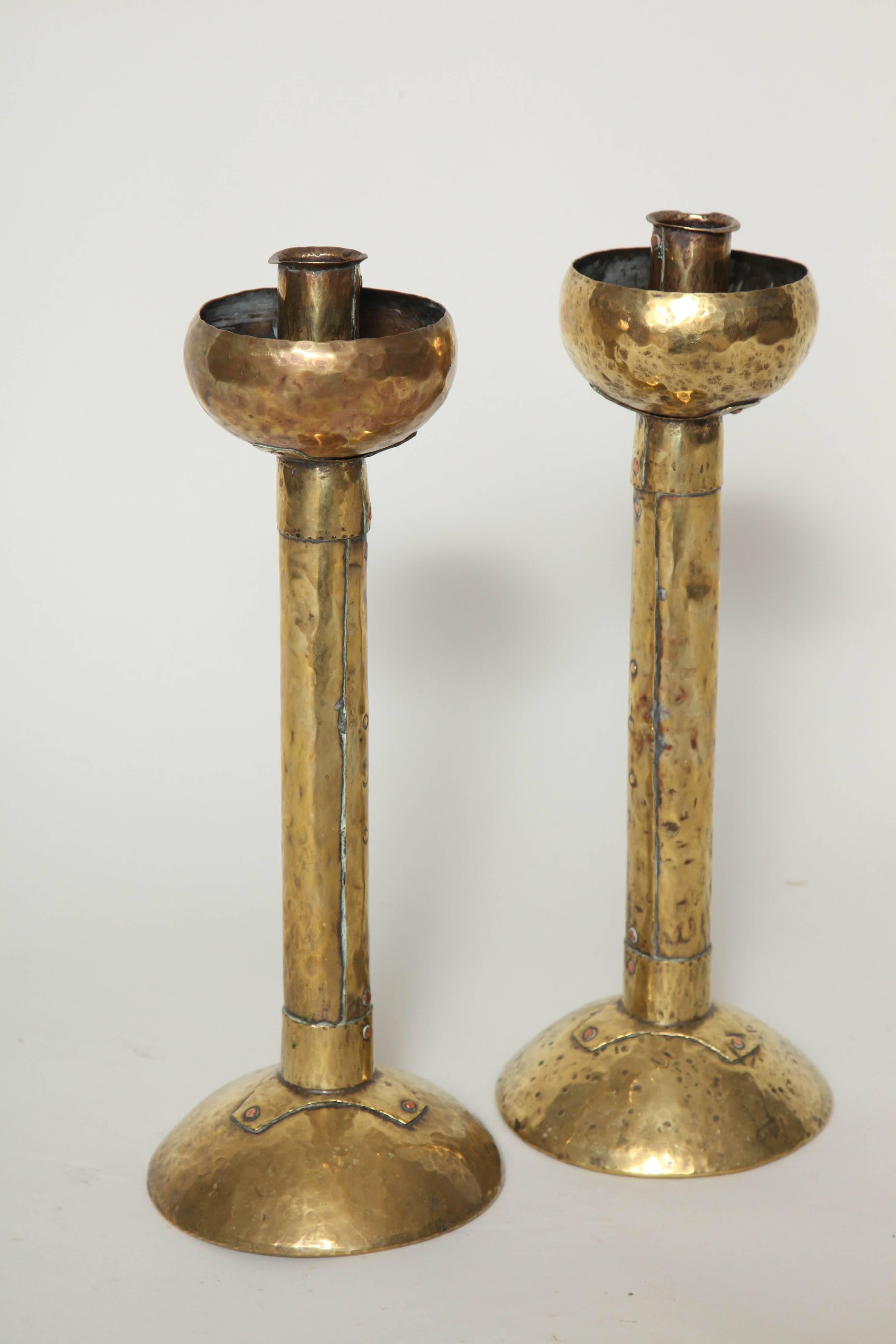 Pair of Arts and Crafts Hammered Brass Candlesticks 2