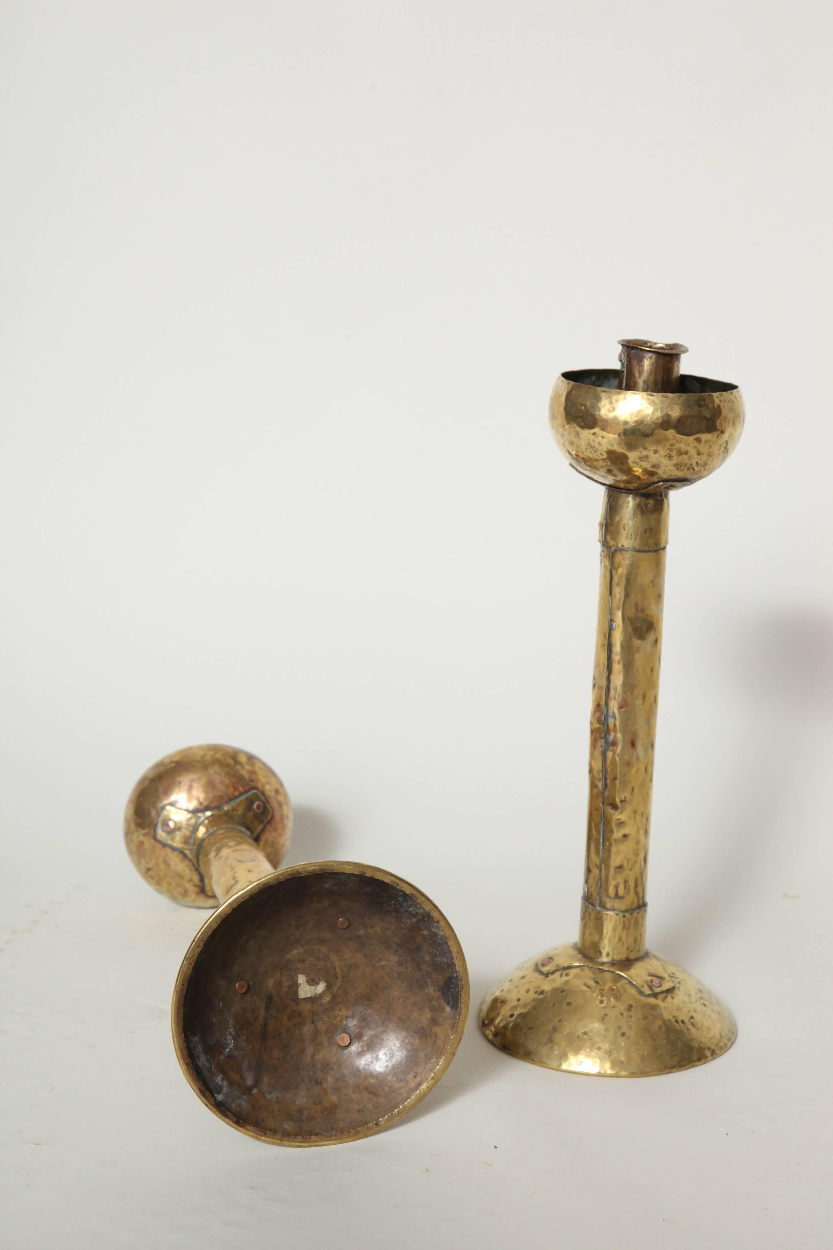 Pair of Arts and Crafts Hammered Brass Candlesticks 3