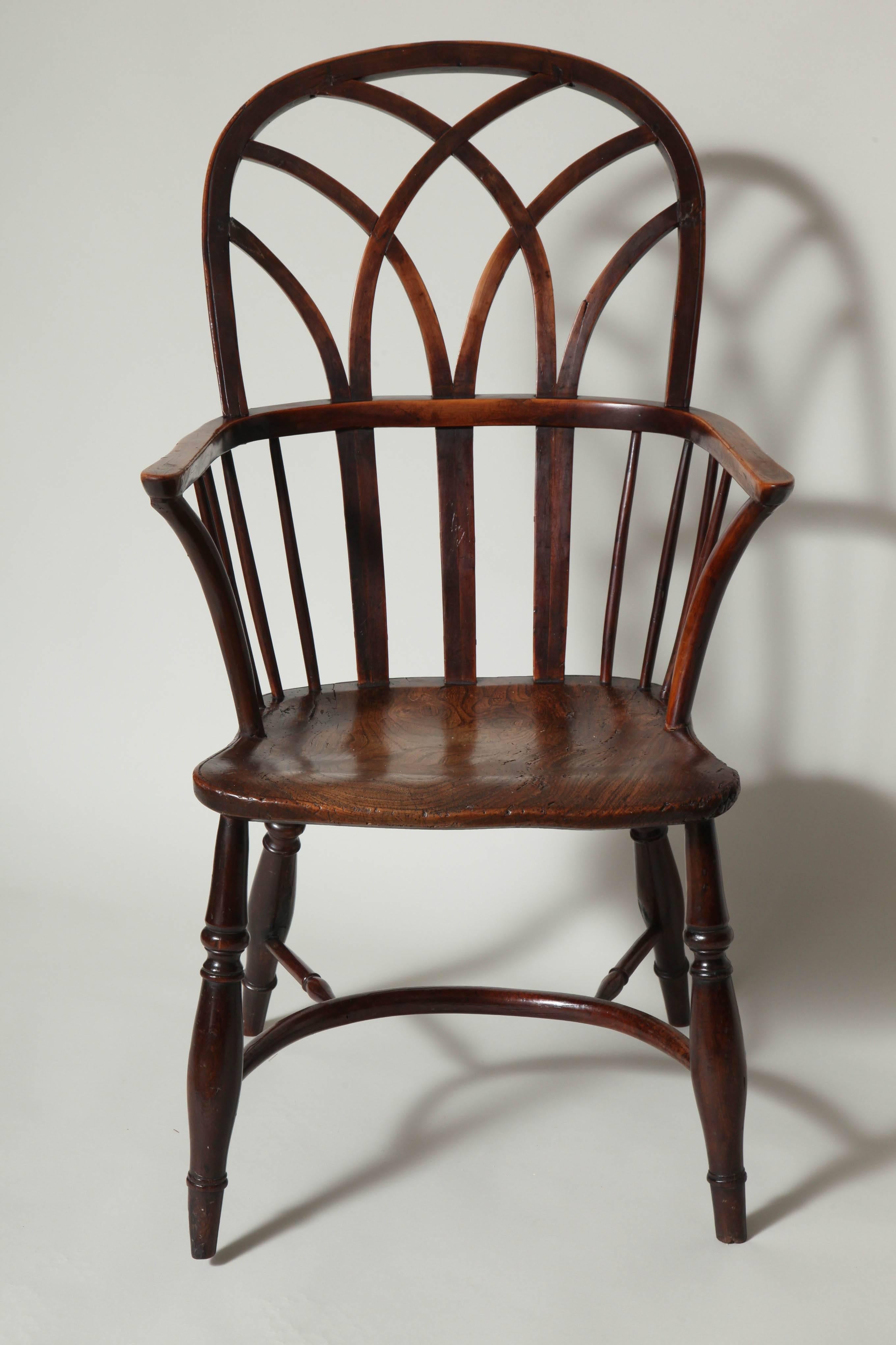 English Fine Early 19th Century Yew Wood Regency Gothic Windsor Armchair