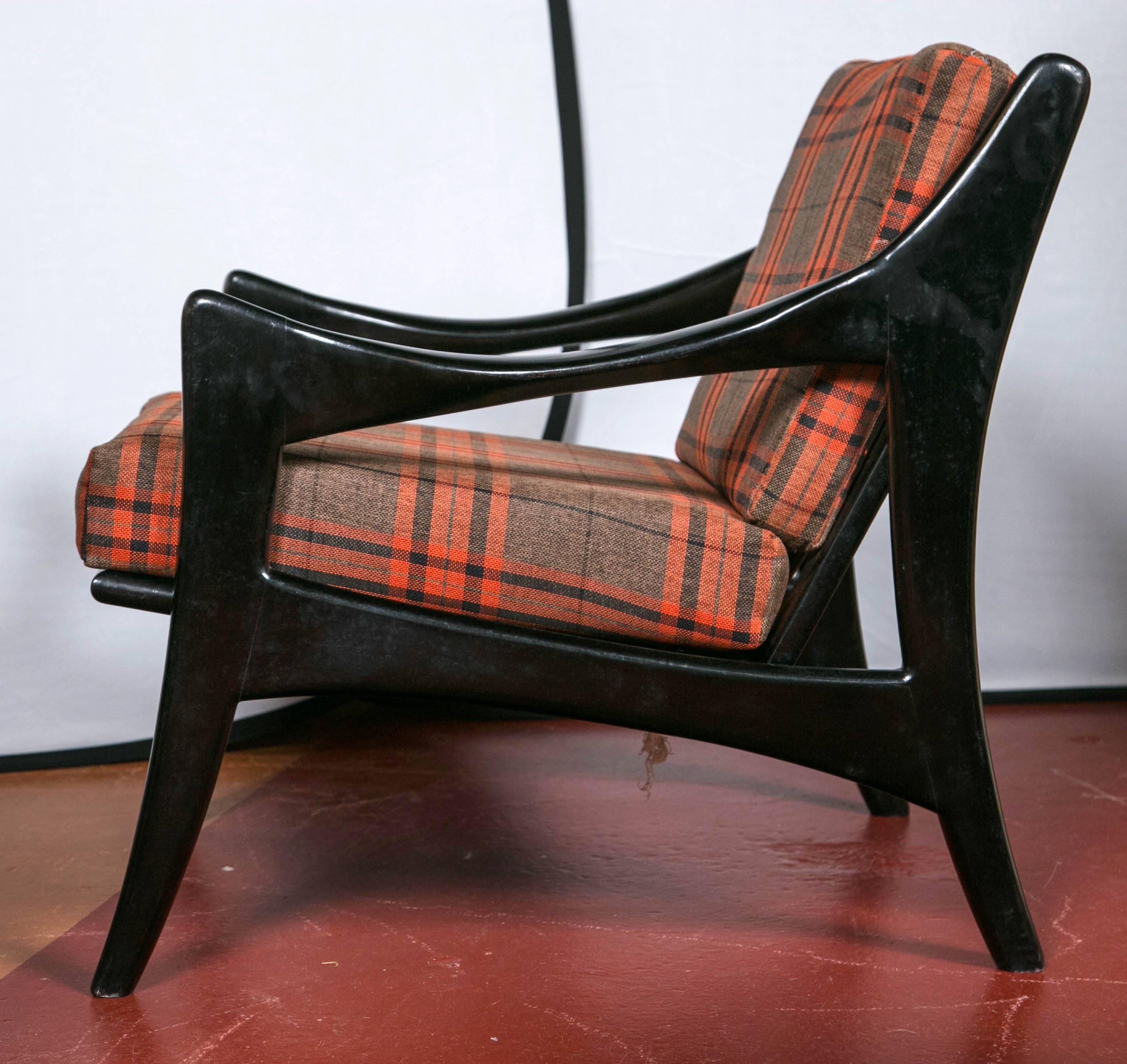 Early 20th Century Pair of Danish Mid-Century Modern Ebonized Flannel Upholstered Modern Armchairs