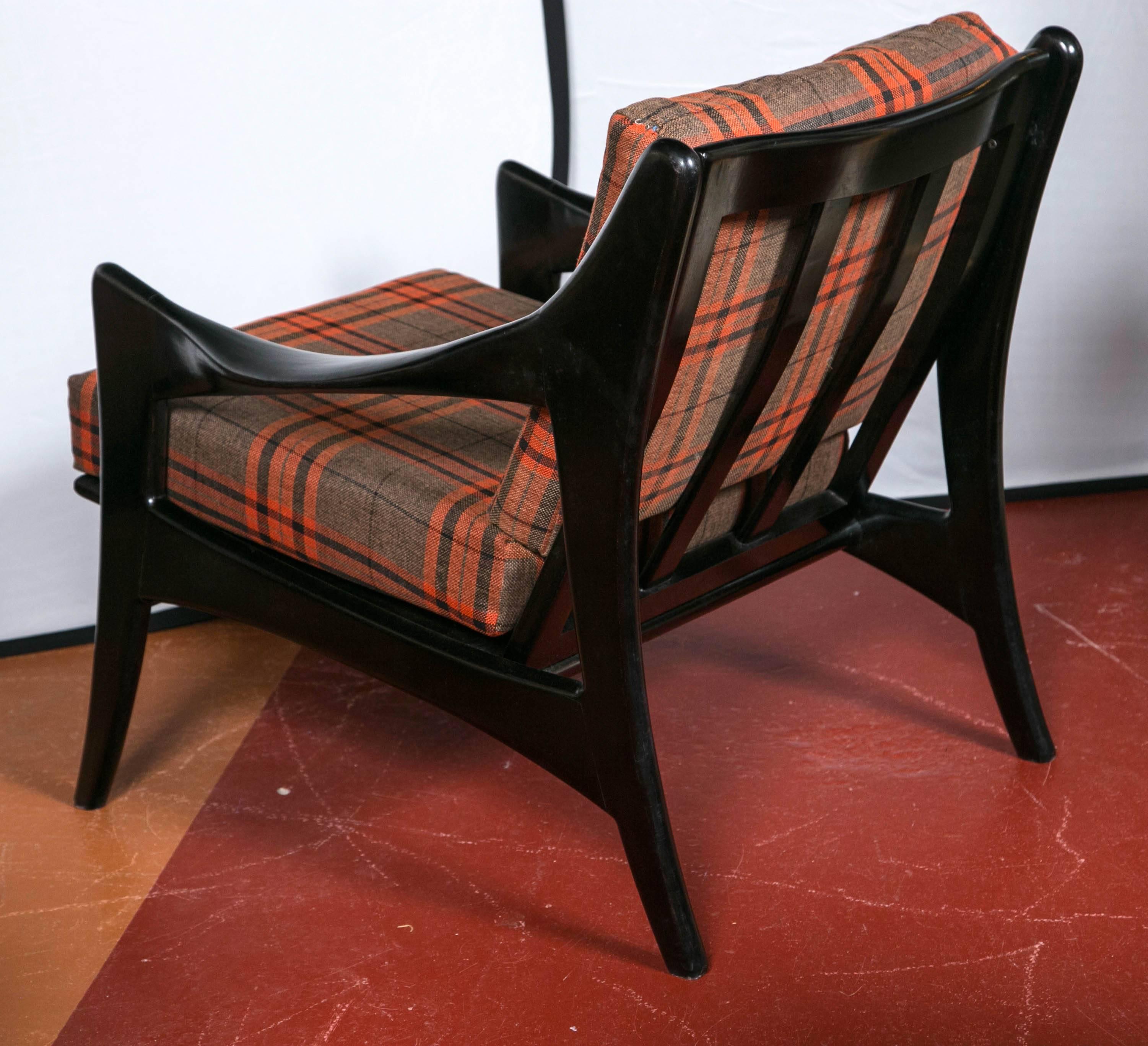 Pair of Danish Mid-Century Modern Ebonized Flannel Upholstered Modern Armchairs 1