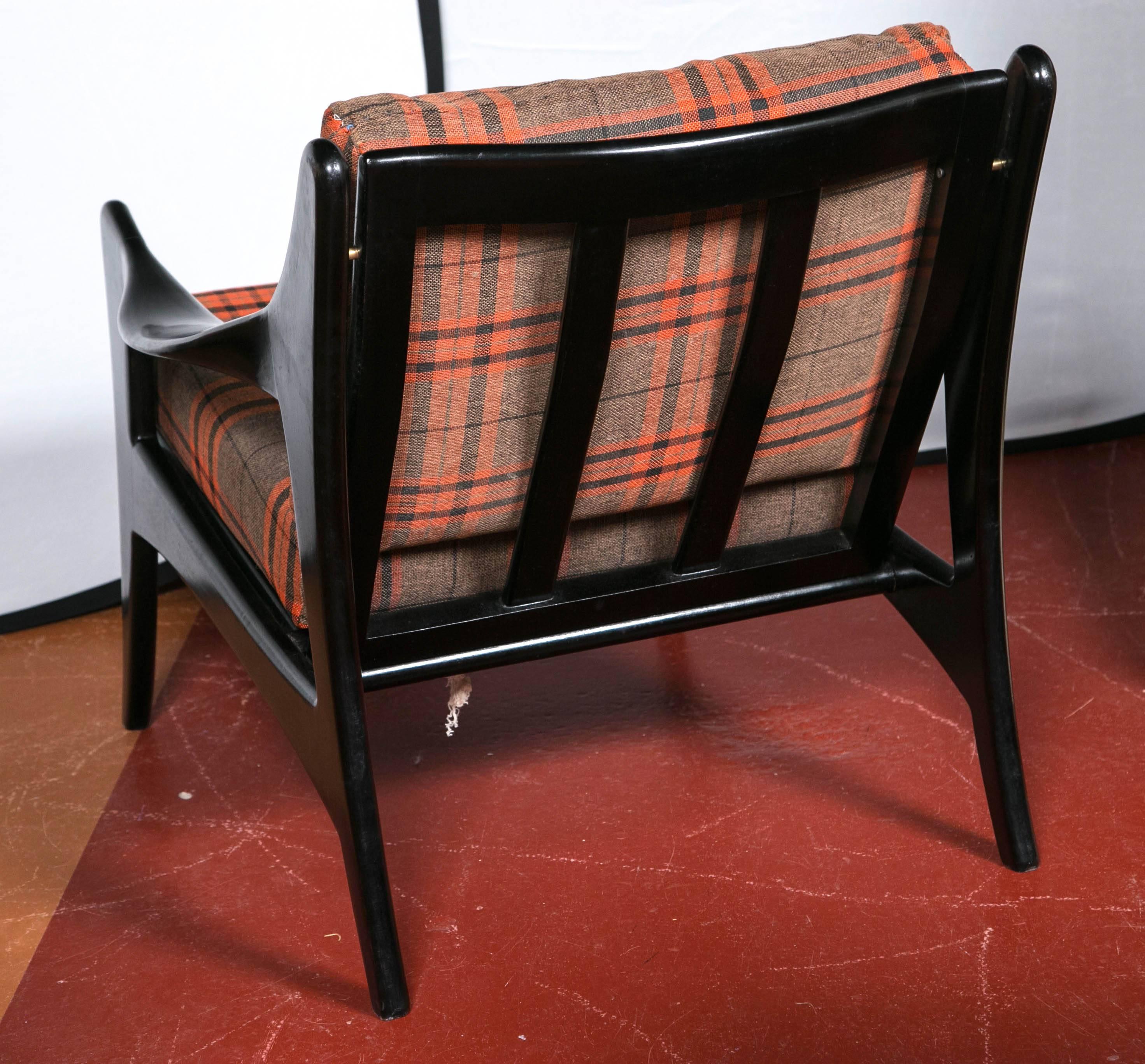 Pair of Danish Mid-Century Modern Ebonized Flannel Upholstered Modern Armchairs 2