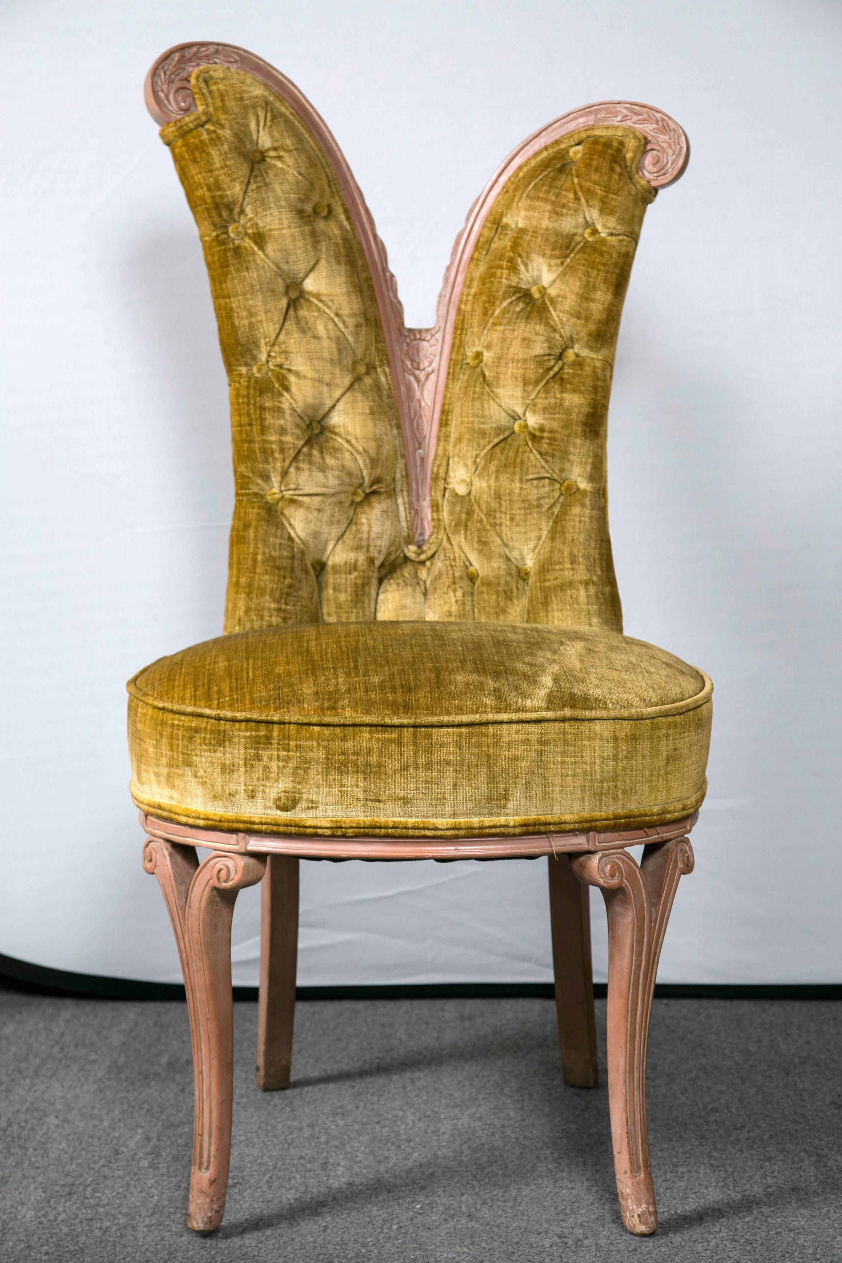 Pair of Art Deco style feather decorated side chairs. Fabulous style with many curves and carved details. Tufted back would be wonderful with a great funky/modern upholstery as side chairs or piano chair any place in the home would add a statement.