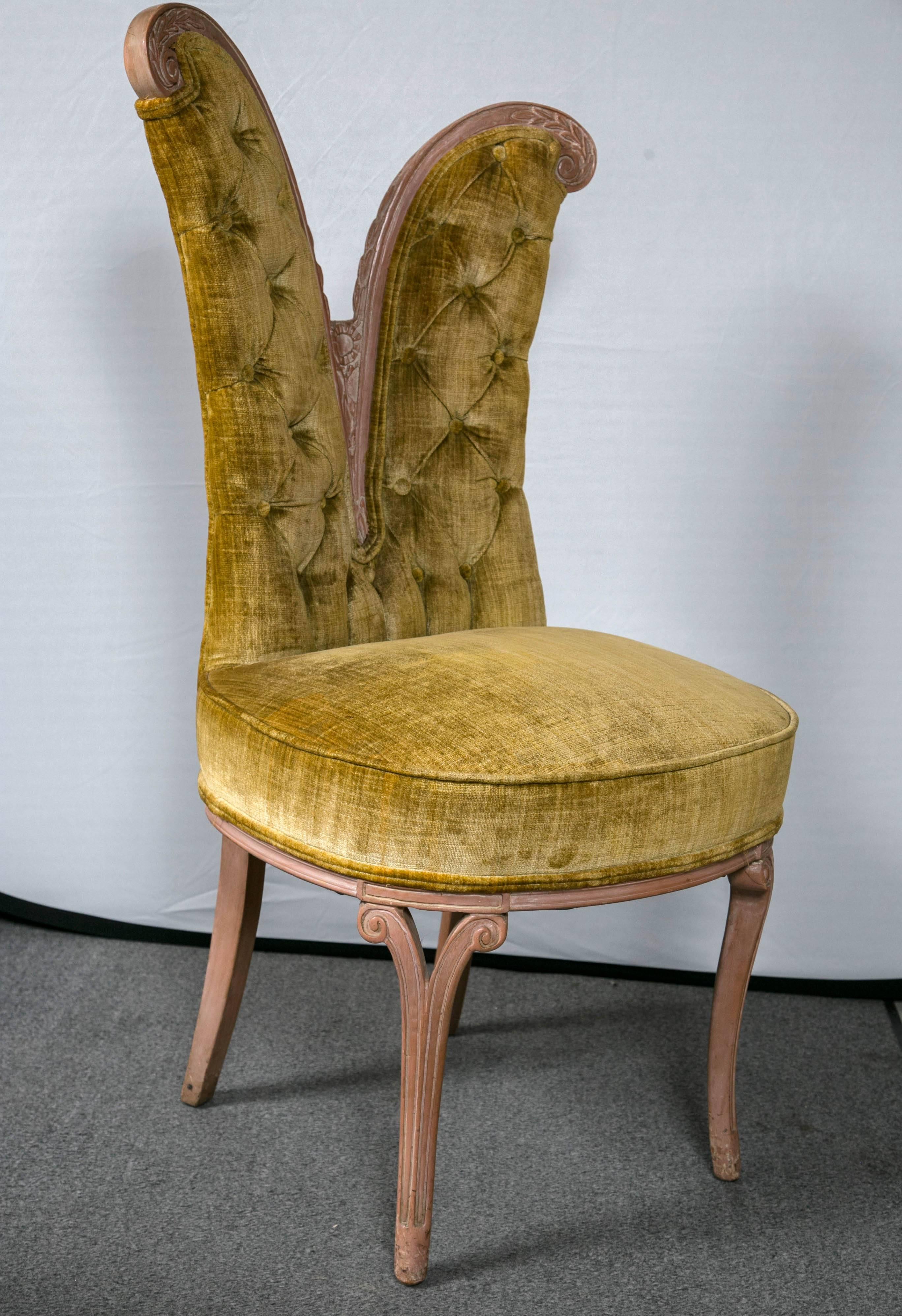 American Pair of Art Deco Style Feather Decorated Side Chairs Tufted Back Curved Details
