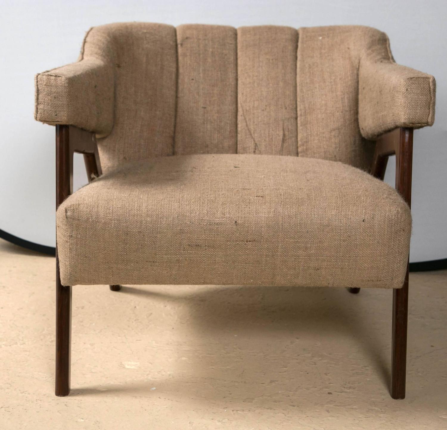 Pair of MidCentury Modern Burlap Upholstery Arm Chairs at 1stdibs