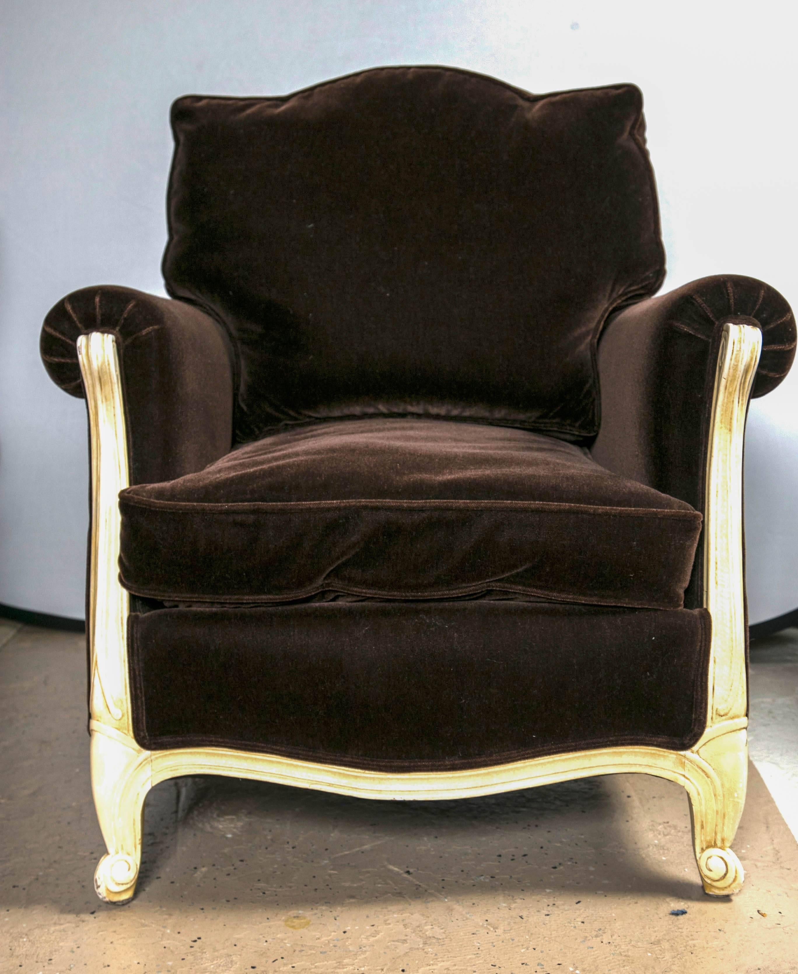 ON SALE NOW!  SALE! SALE! SALE! GREAT FANTASTIC PRICE FOR THESE BEAUTIFUL MOHAIR CHAIRS.  A Pair of Wonderfully Gorgeous & Extremely Comfortable Chocolate Mohair Down Chairs.  White distressed (intended) frame - Louis XV Leg.....Awesome. Fat Down!

 