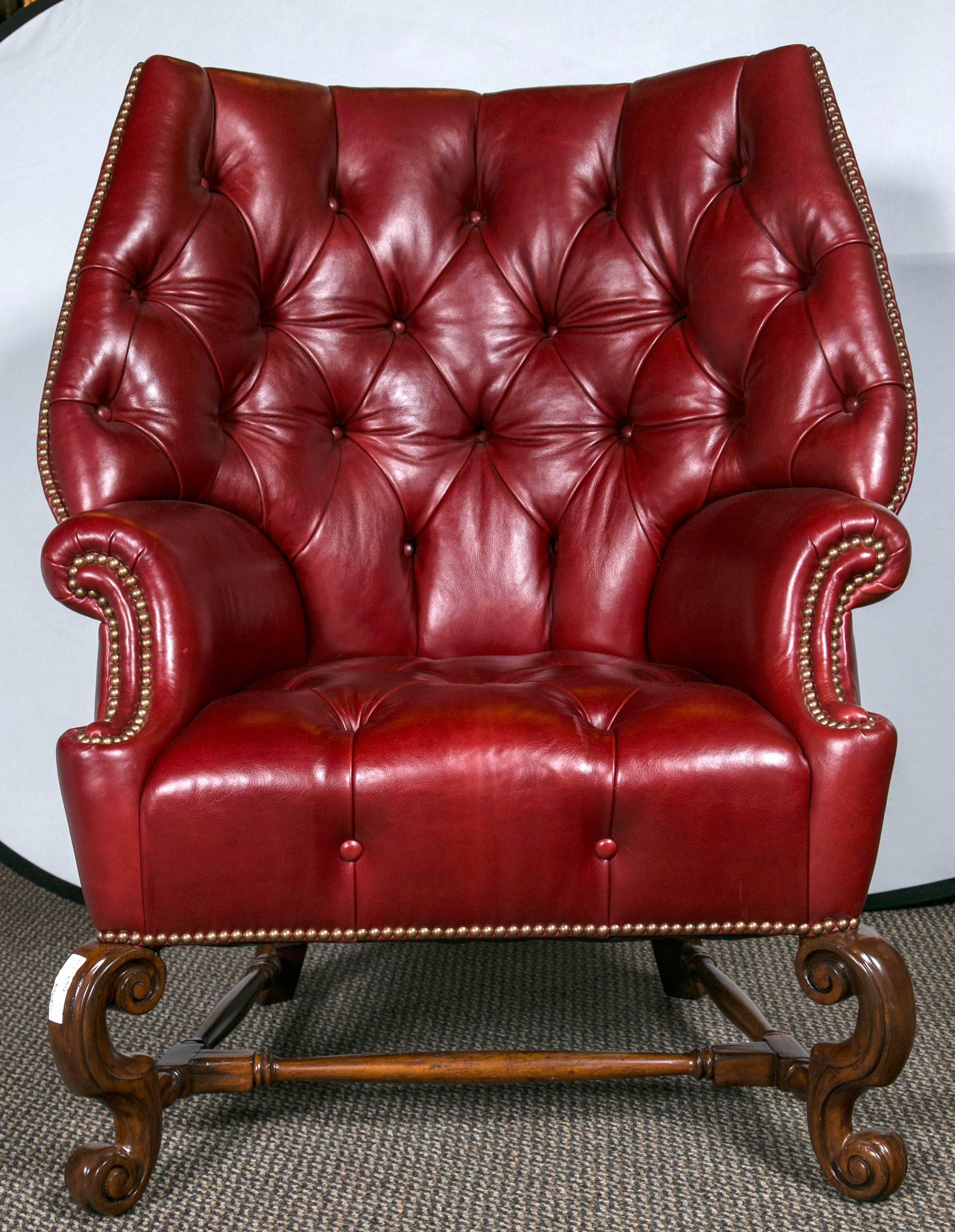 Georgian Pair of Oversized Tufted Leather Wingback Chairs