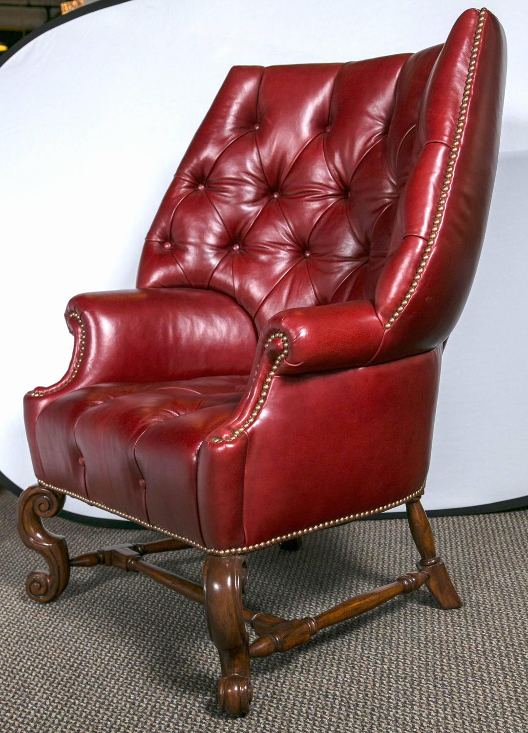 Pair of Oversized Tufted Leather Wingback Chairs For Sale at 1stdibs
