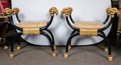 Pair of Ram's Head Ebonized and Gilt Gold "X" Benches